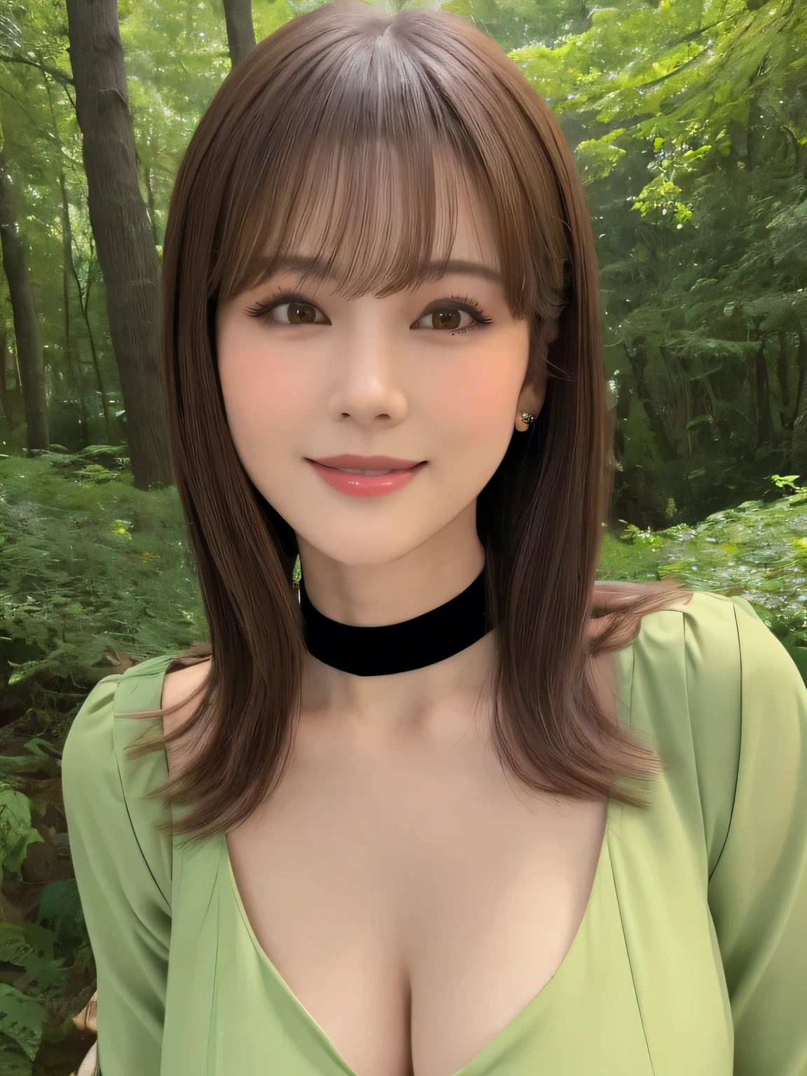 masterpiece, Front view, Cute Japanese aristocratic woman, (輝くBrown Hair, Straight length Hair), ((Green and ivory tunic)), Very cute face, Glossy Lips, Double eyelids on both eyes, Natural Makeup, Brown Hair, Asymmetrical bangs, High resolution, Attention to detail, Detailed hairstyle, Detailed face, Octane Rendering, Ultra-realistic, Perfect limbs, ((Black Choker)), Brown Eyes, ((Big Breasts)), ((The body is slim:1.5)), Cool Beauty, ((Slim face)), smile, Mature Woman, Browsing Caution:-1.2, length, bushy eyelashes, (Cleavage), ((Mountain、forest)), summer, Chest protrusion