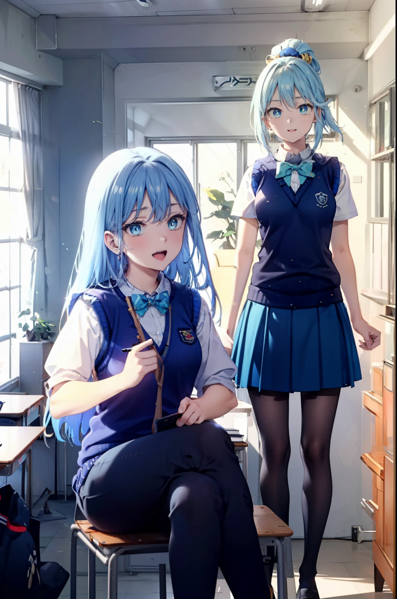 konosubaAqua, Aqua, Long Hair, blue eyes, hair ornaments, very Long Hair, Blue Hair, Hair Ring, シングルHair Ring, Hair ties,happy smile, smile, Open your mouth,
White shirt,Short sleeve,Sweater vest, (blue Sweater vest:1.5),black pleated skirt,Black pantyhose,Black Loafers,whole bodyがイラストに入るように,Sitting at a desk with legs crossed,
break door, School　classroom,crowd, people々々々,
break looking at viewer, whole body,
break (masterpiece:1.2), highest quality, High resolution, unity 8k wallpaper, (shape:0.8), (Beautiful and beautiful eyes:1.6), Highly detailed face, Perfect lighting, Extremely detailed CG, (Perfect hands, Perfect Anatomy),