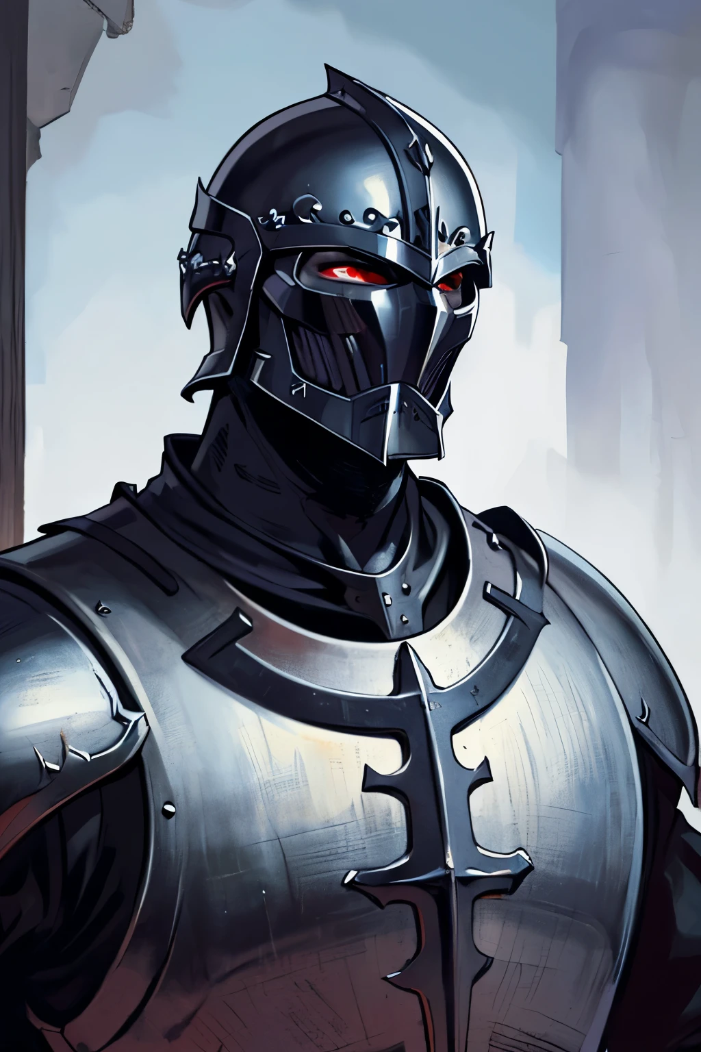 (masterpiece:1.1),(best quality:1.1),extremely detailed,(original design:1.1),(unique accessories:1.1),(medieval fantasy:1.1),professionally retouched,(close-up:1.1),portrait,battlefield,(male:1.1),(holy:1.0),(divine:1.0),(old:1.3), black armor, full black armor, close helmet, obsidian armor, no hair, no face, helmet on, dark black metal