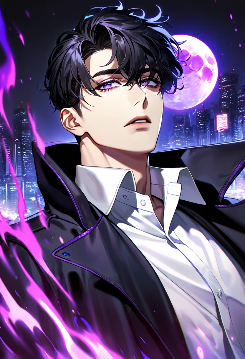 absurdres, highres, ultra detailed, HDR, masterpiece, extremely detailed face and eyes, Sung Jinwoo, solo leveling, black hair, expressive purple eyes, black long coat, white shirt, purple moon, purple flames, city, solo, man, handsome
