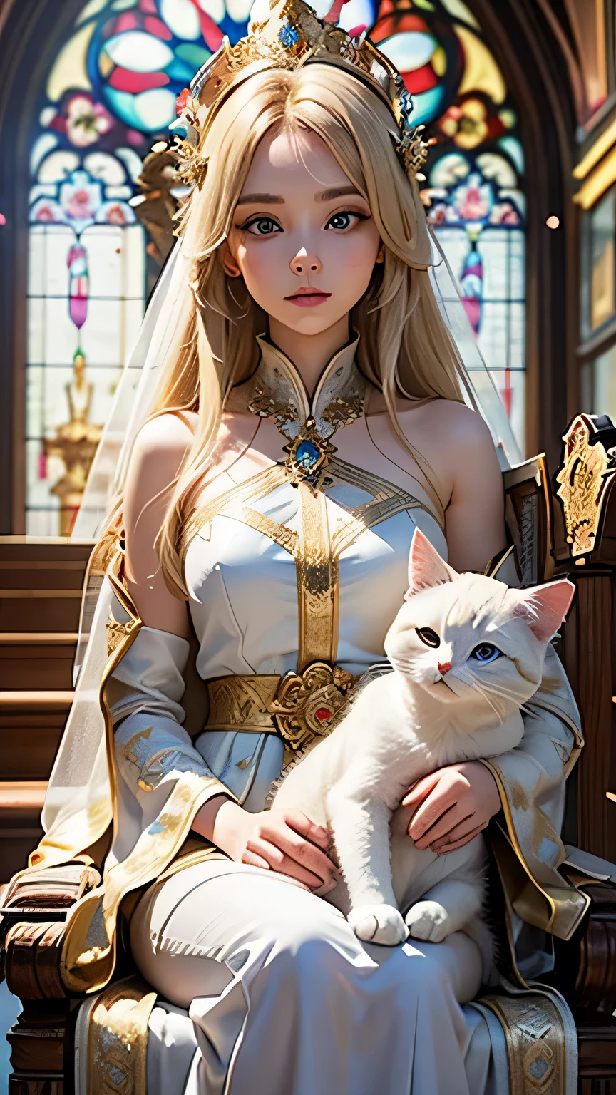 In a grand cathedral, a beautiful young woman sits in the center, wearing a radiant golden crown. She has long blonde hair and large eyes, with a serene expression on her face. She is dressed in a luxurious white robe adorned with gold. A cute gray and white cat sits on her lap. In the background, there are beautiful stained glass windows with soft light streaming through. The overall atmosphere is mystical and sacred.