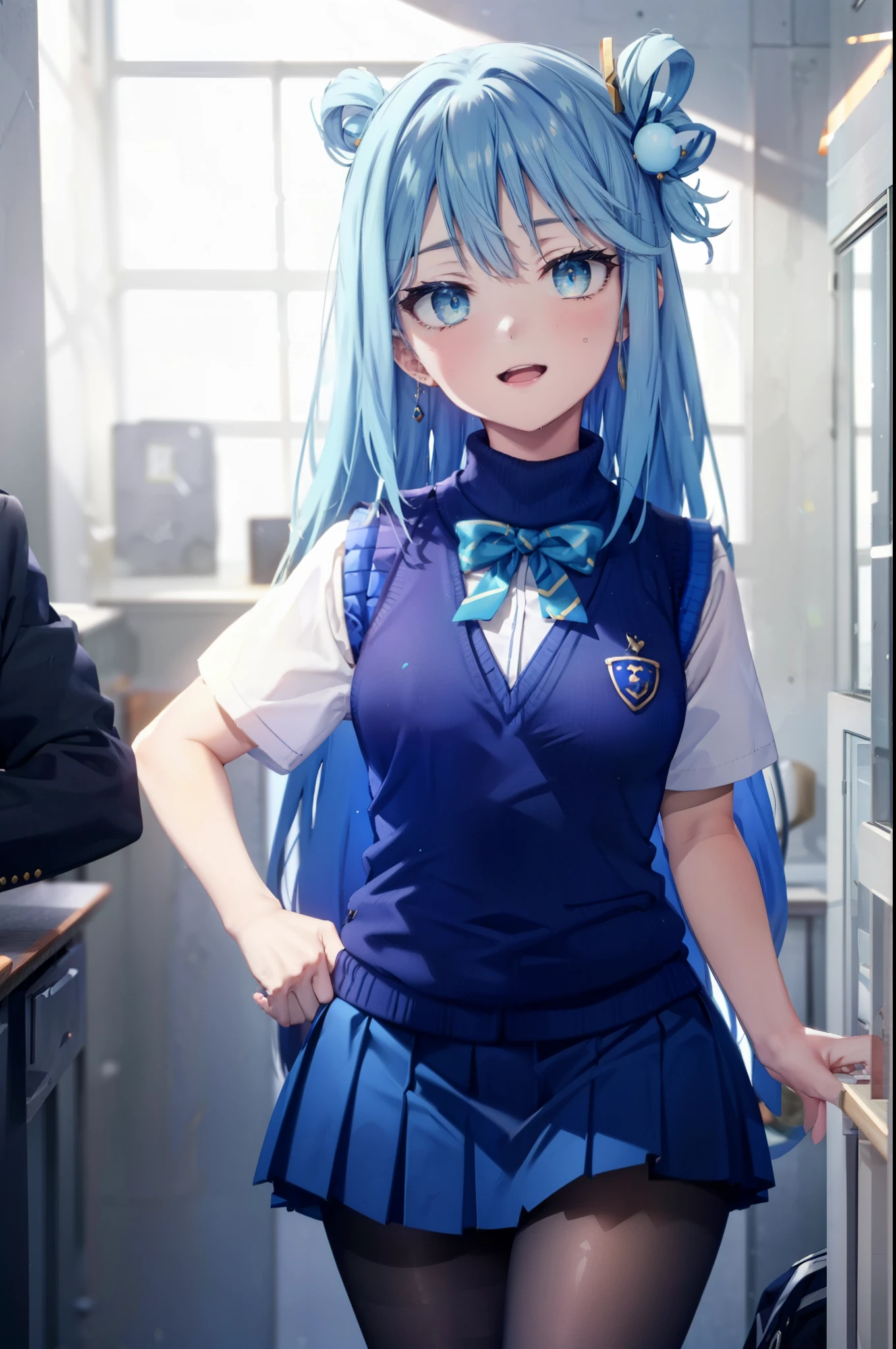 konosubaAqua, Aqua, Long Hair, blue eyes, hair ornaments, very Long Hair, Blue Hair, Hair Ring, シングルHair Ring, Hair ties,happy smile, smile, Open your mouth,
White shirt,Short sleeve,Sweater vest, (blue Sweater vest:1.5),black pleated skirt,Black pantyhose,Black Loafers,whole bodyがイラストに入るように,
break door, School classroom,crowd, people々々々,
break looking at viewer, whole body,
break (masterpiece:1.2), highest quality, High resolution, unity 8k wallpaper, (shape:0.8), (Beautiful and beautiful eyes:1.6), Highly detailed face, Perfect lighting, Extremely detailed CG, (Perfect hands, Perfect Anatomy),