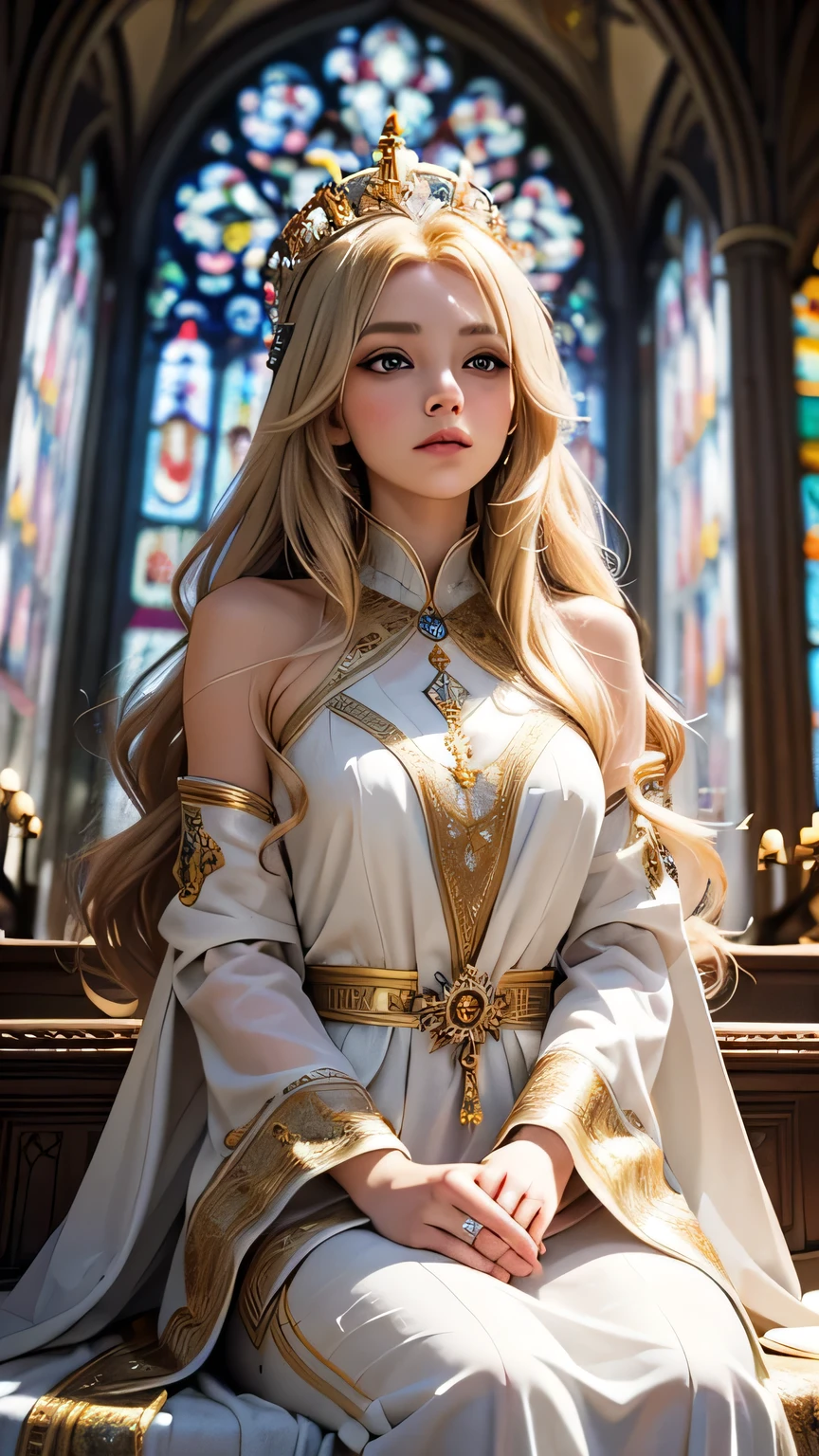 In a grand cathedral, a beautiful young woman sits in the center, wearing a radiant golden crown. She has long blonde hair and large eyes, with a serene expression on her face. She is dressed in a luxurious white robe adorned with gold. A cute gray and white cat sits on her lap. In the background, there are beautiful stained glass windows with soft light streaming through. The overall atmosphere is mystical and sacred.
