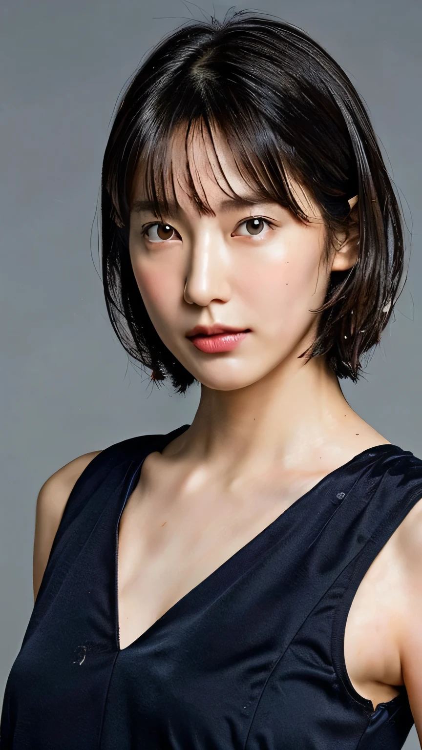 (highest quality, 8k, 32k, masterpiece, Ultra-high resolution: 1.2), Cute Japanese Women Photos, big, Very short bob hair, Upper Body, Face Focus, necklace, Simple Background, From above, The audience watching, Small and hard nipples, Wet clothes, Beautiful lower body