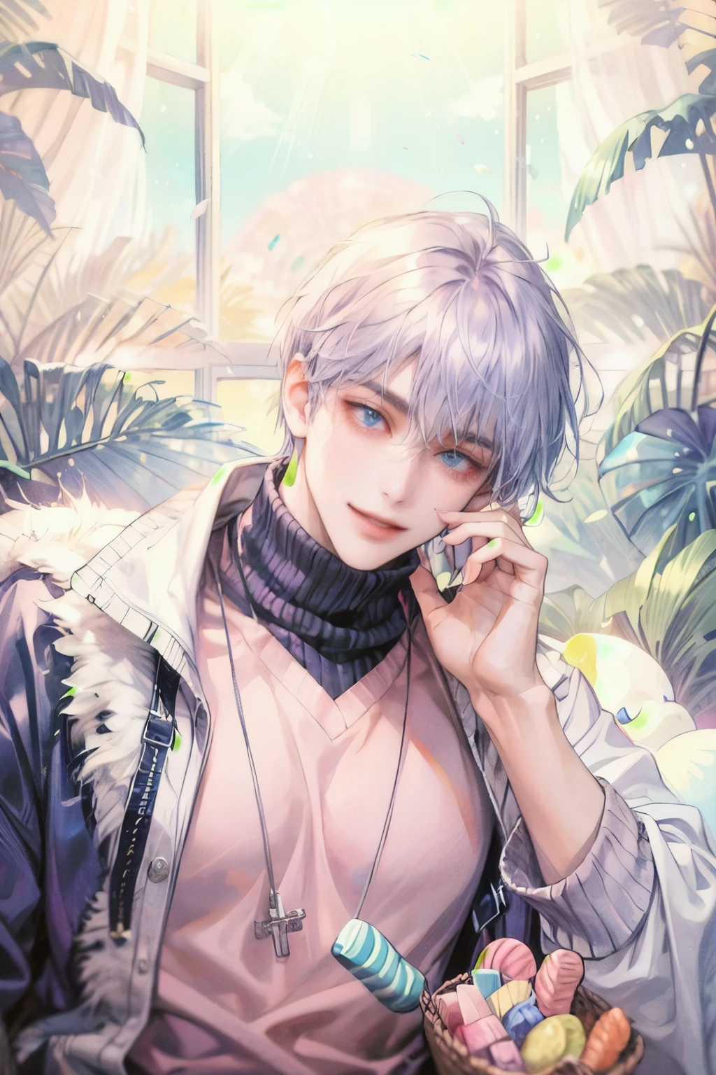 One man, handsome, short hair, bright purple hair, messy hair, medium length hair, bangs, joyful, background is full of candy, candy, sweet, bright light blue eyes, smiling, large sweater in him, pink clothes, pastel colors, colorful lighting, peaceful