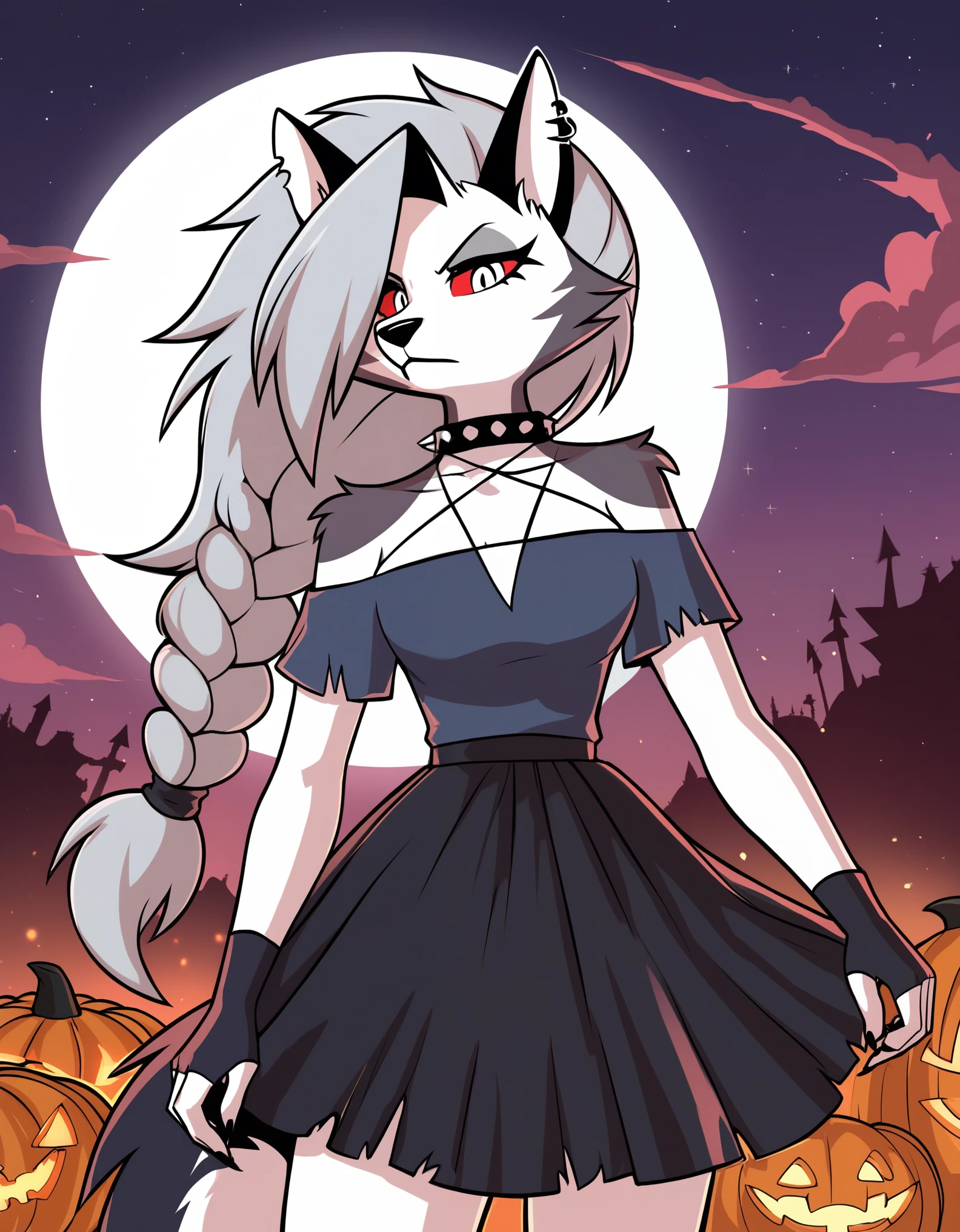 safe content, by vivzmind, mammal, canid, canid demon, demon, canine, monster, anthro, female, fur, solo, hair, white body, white fur, helluva boss, holidays, hellhound, loona, red sclera, dress, white eyes, braided hair, halloween, blood, official art, blood from eye