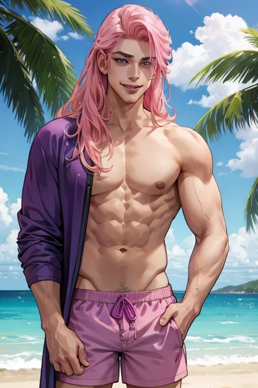 A handsome muscular pink haired man with violet eyes with long hair in swim trunks is drinking at the beach with a big smile