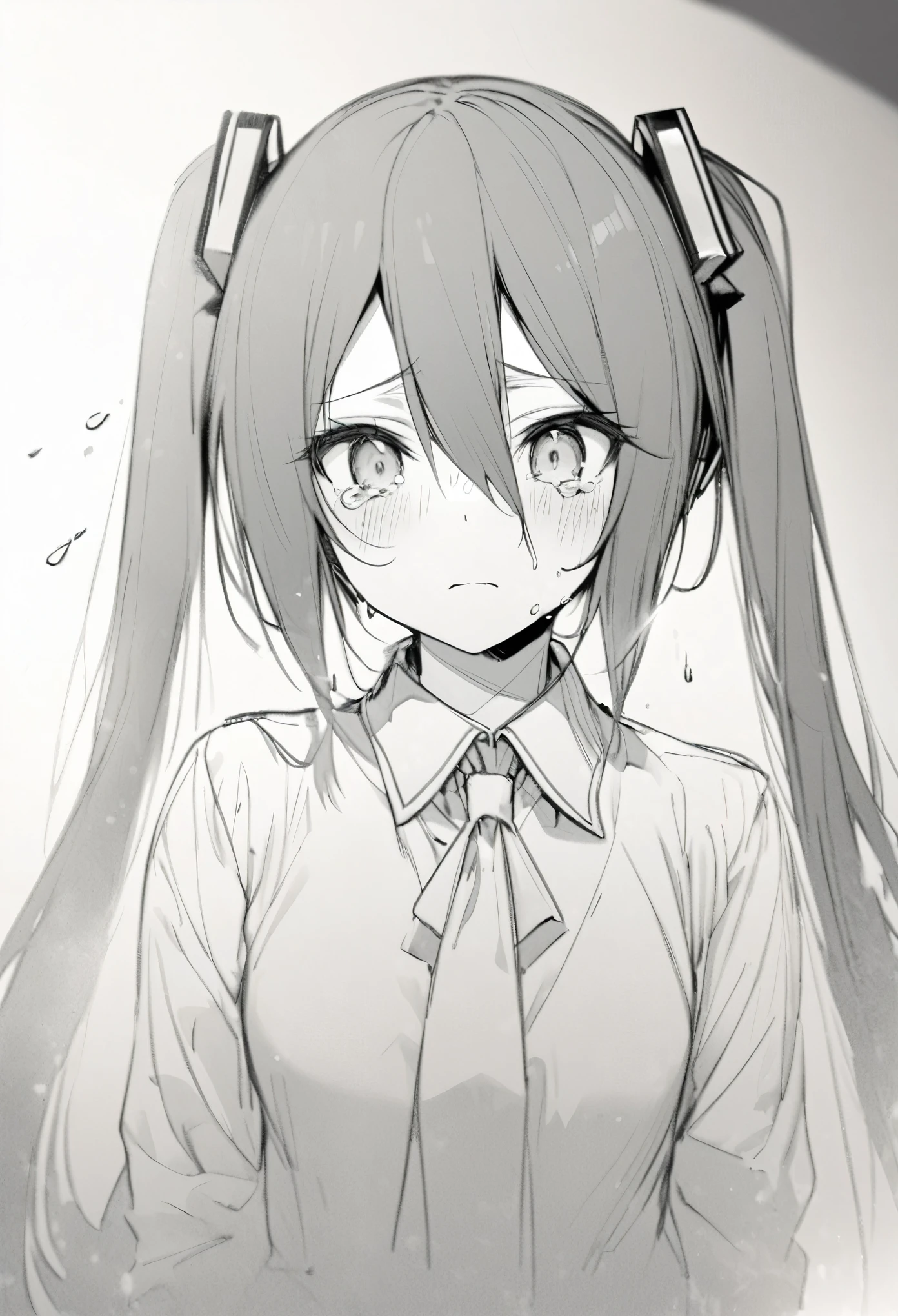 hasune_miku, slightly sad face, tear dropping, fading out, monochrome, pencil sketch, ultra detailed, 8k