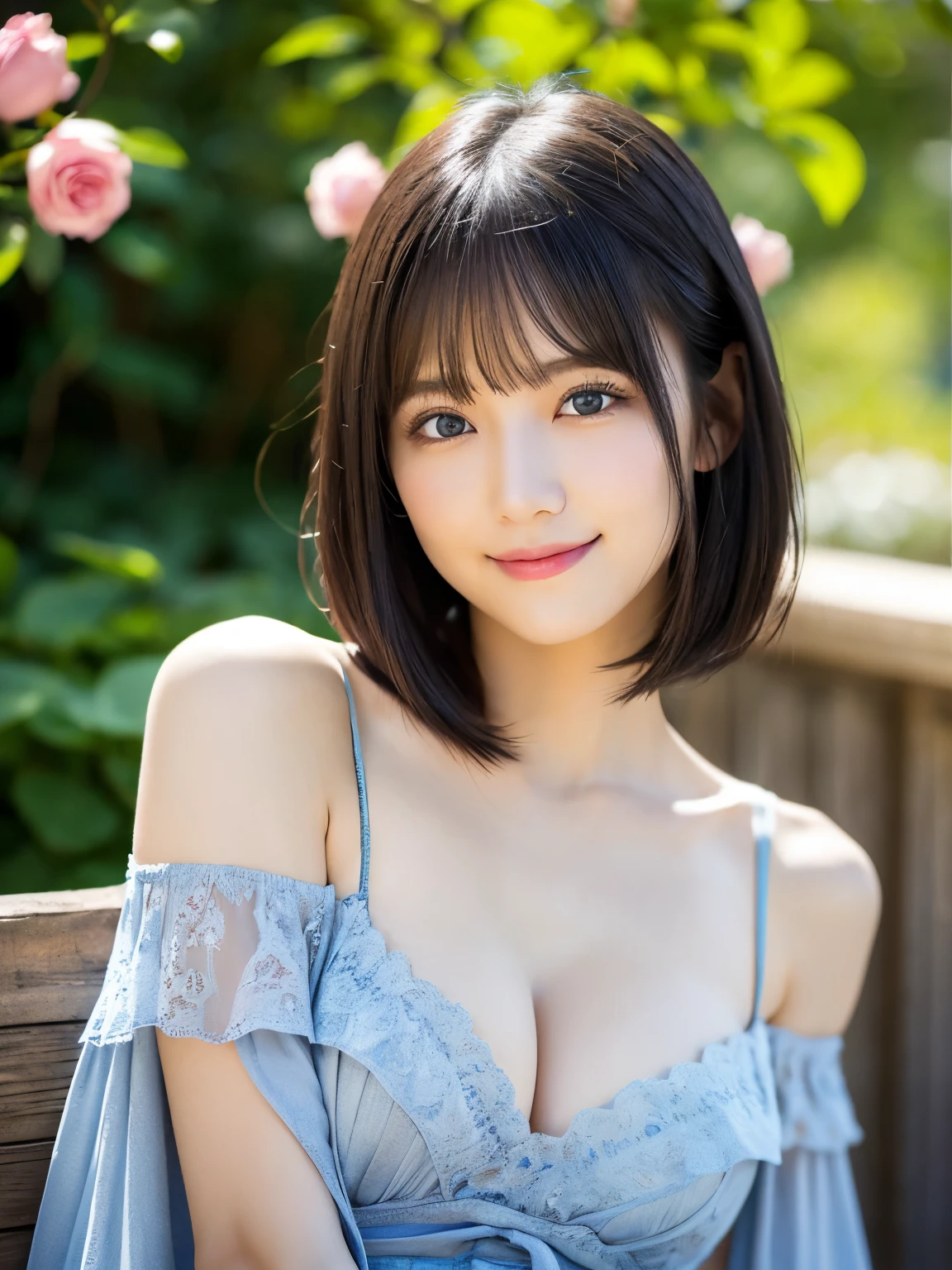 Medium Shot、((Upper Body))、(highest quality:1.5)、(Realistic:1.5)、(1 person:1.5)、(Very detailed)、(High resolution)、8k、((Wear an off-the-shoulder dress))、Slightly small breasts、Natural color lips、Cute Smile、20-year-old girl、(Beautiful and elaborate face)、(Perfect and beautiful face)、(Big eyes)、(Beautiful and elaborate face)、(Beautiful, balanced eyes)、Perfect and beautiful double eyelids、Perfect and beautiful face、Arched eyebrows、 Thin eyebrows、Feminine poses、Slim face、Slim figure、Beautiful and thin nose、 Beautiful Skin、(Medium Bob Hair)、Natural Bangs、Fair skin、Front lighting、(Lighting the face)、(Beautiful cleavage)、Deep blue eyes、Slim waistline、Red Roseが沢山咲いた庭園、Red Rose、Rose flower、squat、