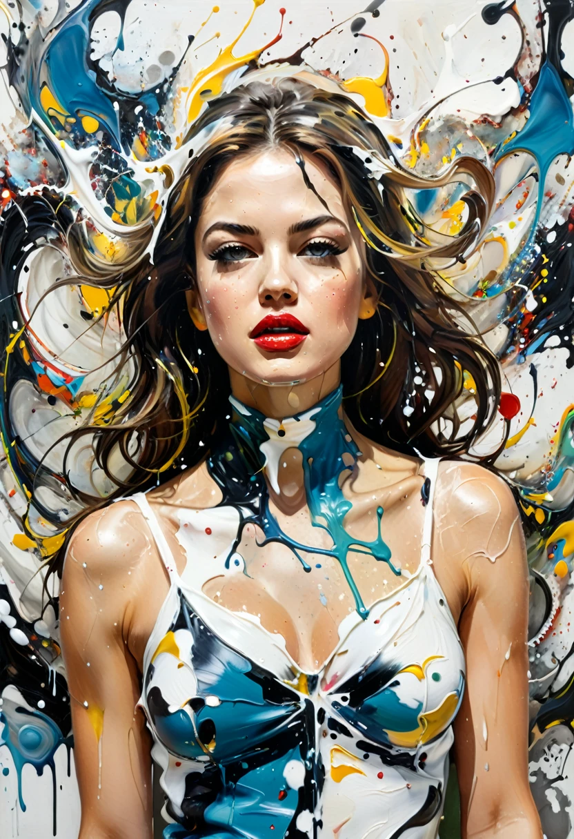 (best quality, oil painting, fancy, sharp focus), Jackson Pollock, portrait Painting, (Splash and drip art minimalism:1.1), canvas white background, studio, style painting magic, splash art, ((white background)), contour, Expressive Strokes: The brushstrokes are visible and expressive, contributing to the painting's emotional intensity. Thick, impasto strokes add texture and depth. sexy lady contour