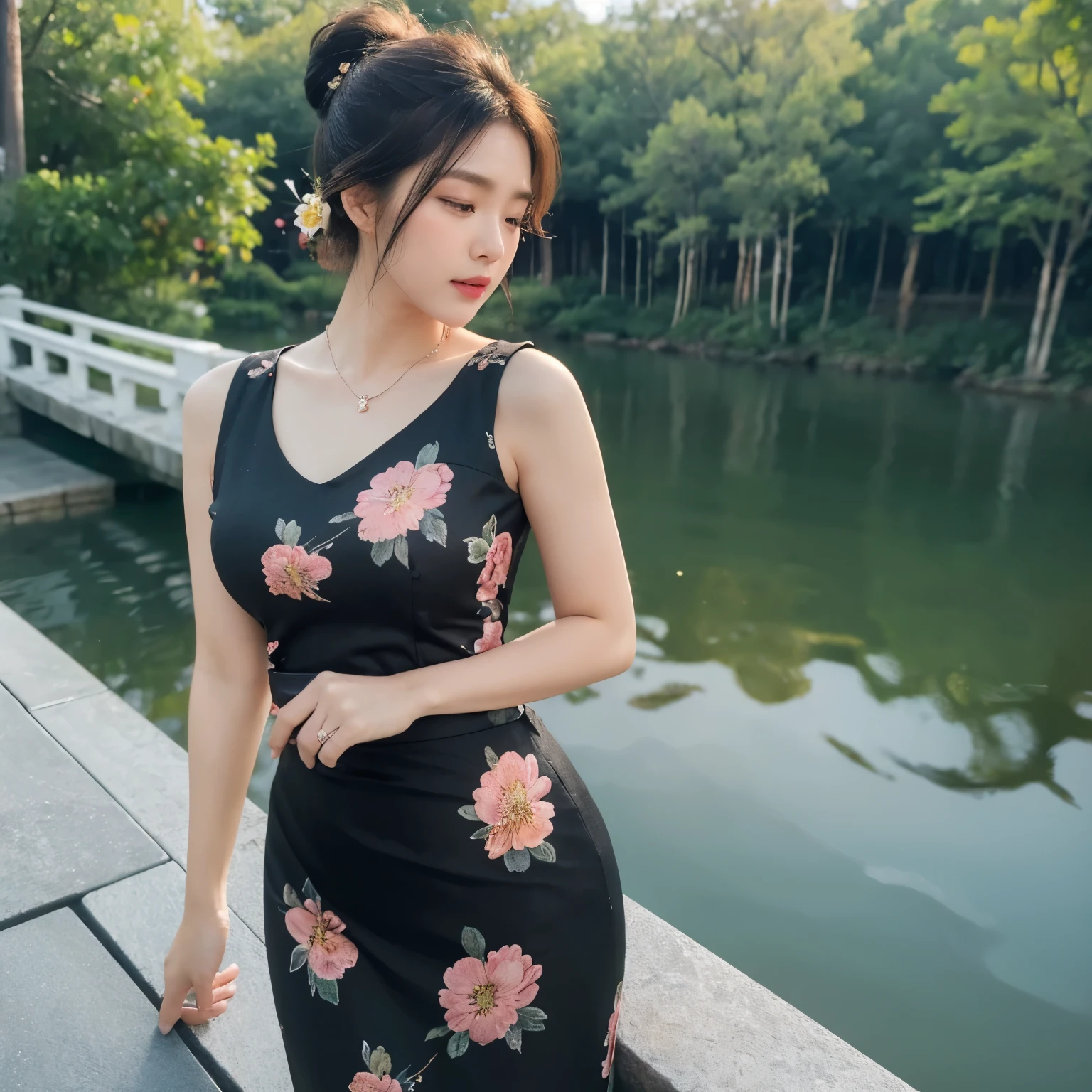 high-definition images, atmospheric perspective, 8k, super detail, accurate, best quality, angle from below, a woman, drooping eyes, sleepy face, blush,(floral black dress), , necklace, standing portraits ,day scene, pagoda view, hair up, acmm's outfit, black acmm's top , black printed acmm's skirt