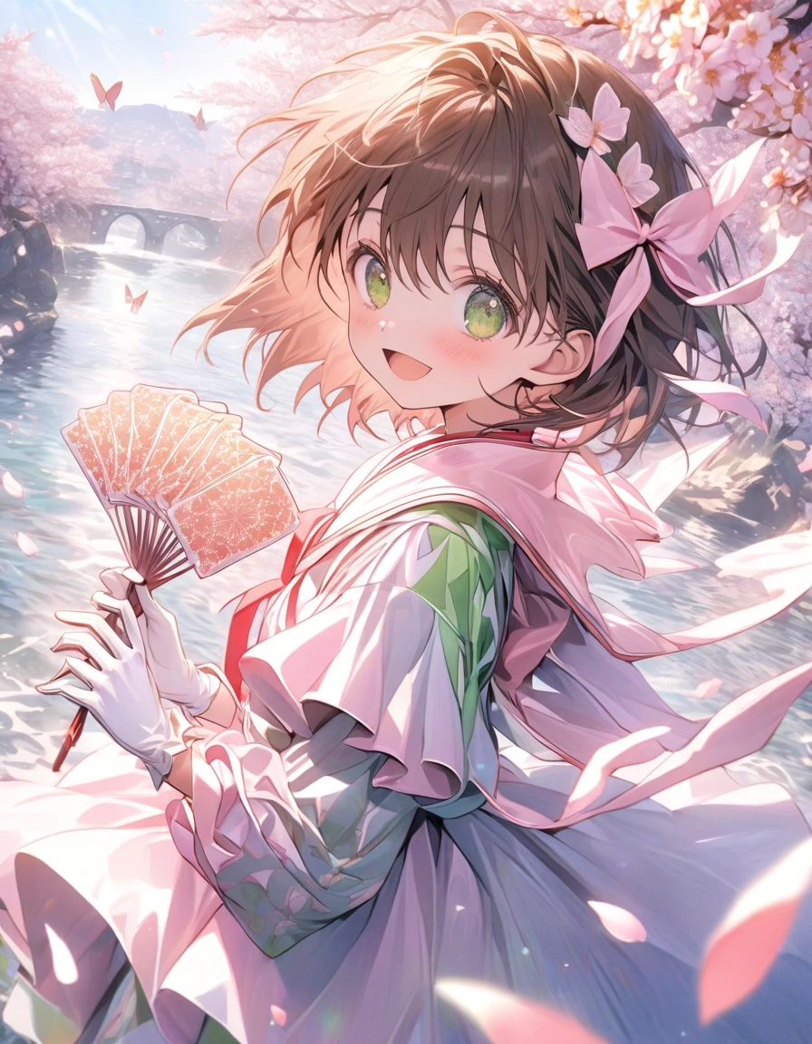 Ultra detailed, highres, absurdres, HDR, Kinomoto Sakura, brown short hair, expressive green eyes, pink dress with patterns, Sakura card captor, holding magical cards, cherry blossoms, blossoms, solo, extremely beautiful, extremely detailed face and eyes, white gloves, woman, water, happy, master piece, petals, butterflies