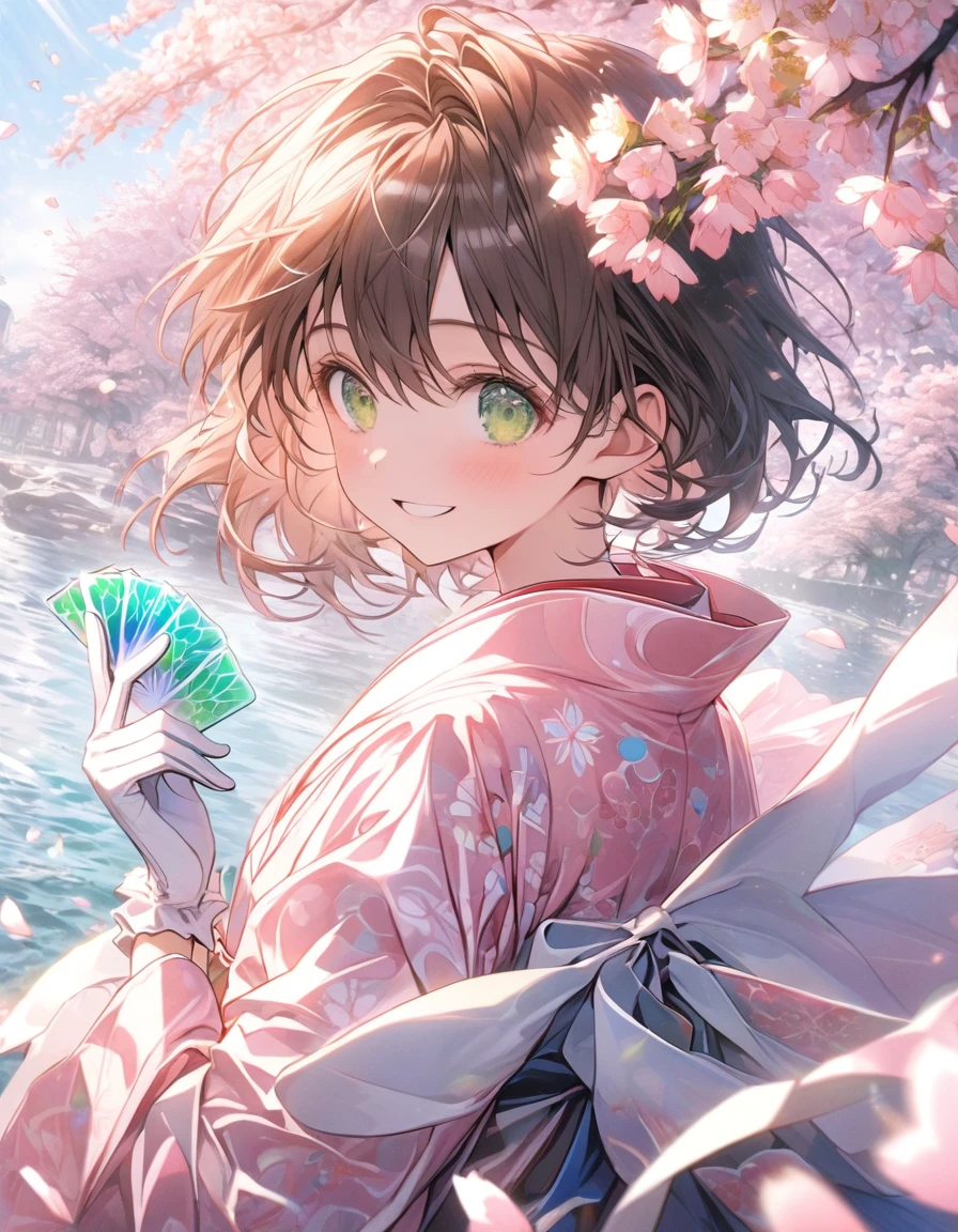 Ultra detailed, highres, absurdres, HDR, Kinomoto Sakura, brown short hair, expressive green eyes, pink dress with patterns, Sakura card captor, holding magical cards, cherry blossoms, blossoms, solo, extremely beautiful, extremely detailed face and eyes, white gloves, woman, water, happy, master piece, petals, butterflies