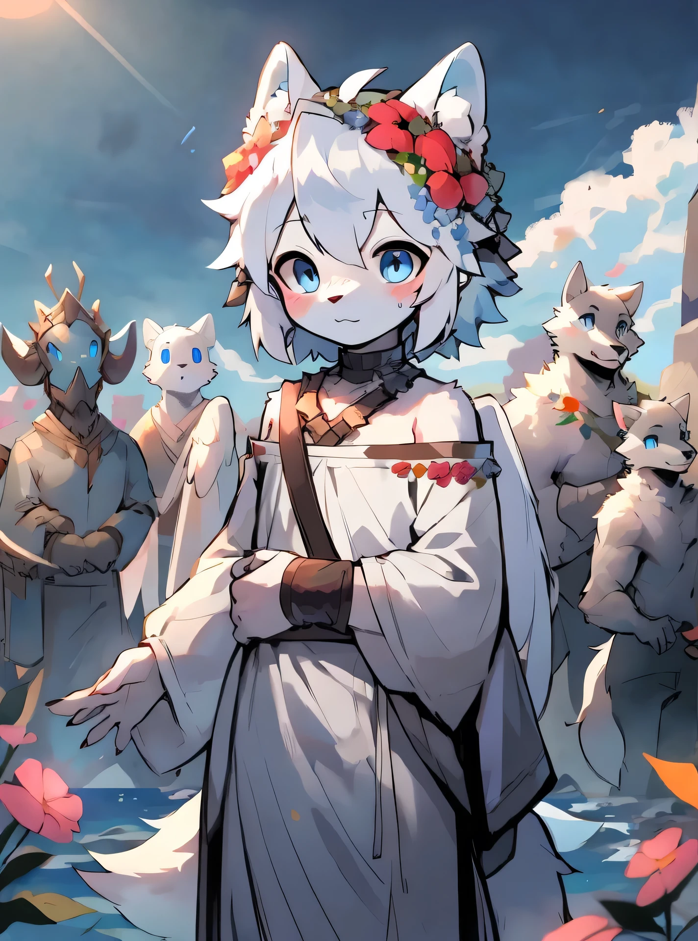 (masterpiece, best quality:1.3), high resolution, Wolf,White hair,The fur on the arms and calves is a gradient sky blue,Sky blue pupils,Sky blue ear hair,A flush on his face,Blurred eyes,Male beasts too,Long white hair,cute,Stand in a sea of flowers,Wearing a white dress,Expose your shoulders,Blue sky in the background,Wearing a wreath,No one in the background
