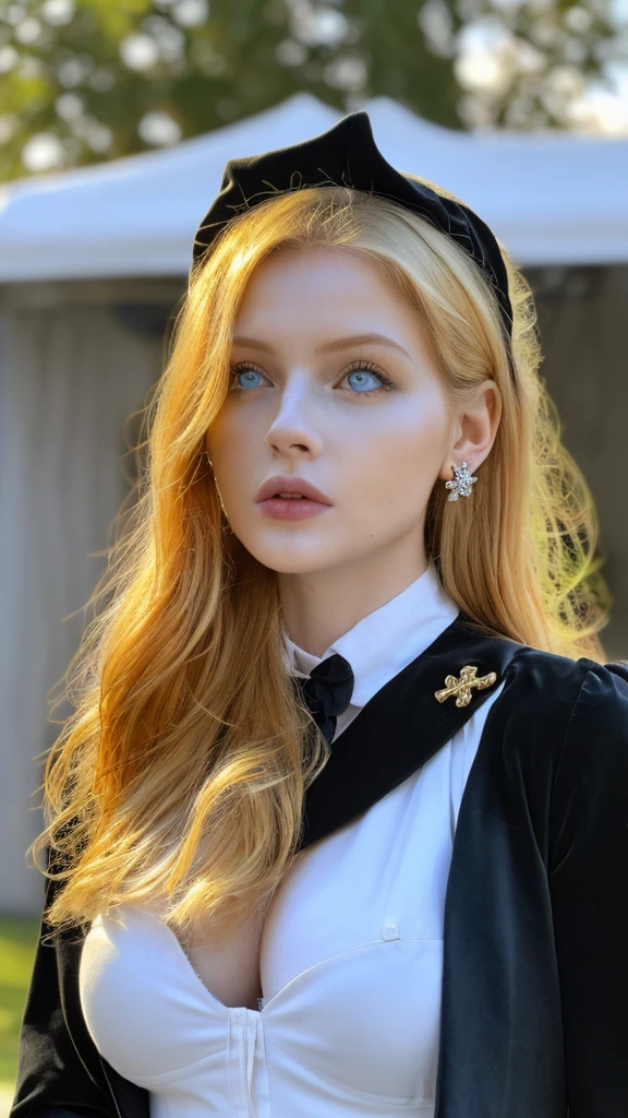1 miniature Beautiful beautiful woman - Yuan Sayuki, ((top quality, 8K, Masterpiece:1.retty woman, 1 woman, huge breasts:1.3, a slim body:1.1, lush GINGER long hair with 2 buns, (shower, wet body, wet clothes:1.1), very detailed face, detailed lips, detailed eyes, double eyelids, Detailed blue eyes, чрезвычайно Detailed Outstanding Blue Eyes, long GINGER wet hair, GINGER wet hair, Detailed Outstanding Blue Eyes, innocent look at the viewer, very wet wavy white hair, Detailed Outstanding Blue Eyes, huge cross earrings, Outdoors, badges behind, gothic maid uniform, sexy maid dress, bare chest, huge chest tattoo, detailed huge catholic cross earrings, chest tattoo, Outside, wear a silver cross (Detailed cross shape), reality mode, wet breasts, black necklace, human crowd behind, black latex gloves, hair of white snowy colour, night time, red neon lights, demonic nun, nimbus (golden lighting ring above her head), angel, snowy weather, sexy pose, white lingerie, black maid dress, detailed flower wreath made of different colours, open chest (tattoo on her chest)