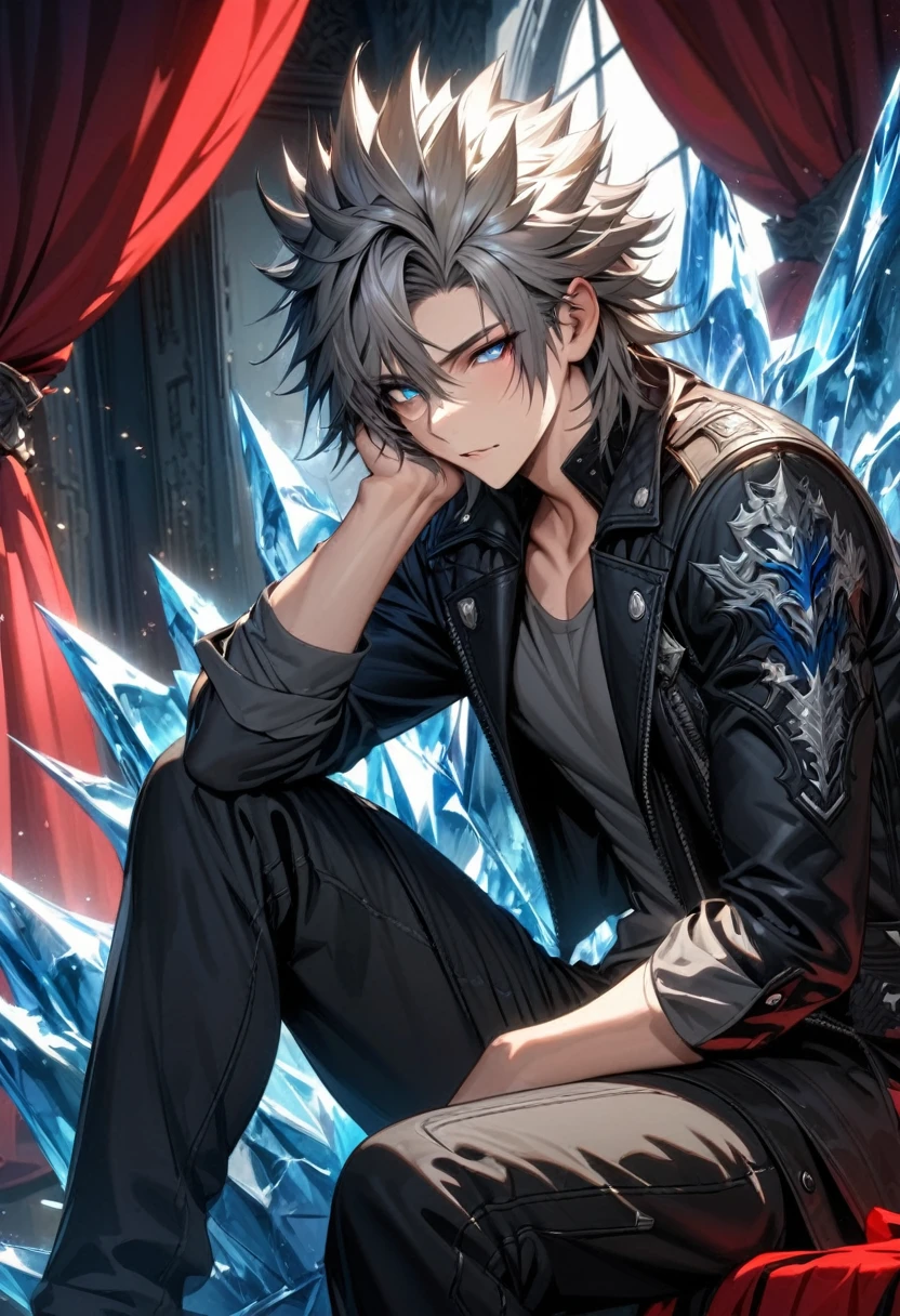 absurdres, highres, ultra detailed, HDR, masterpiece, extremely detailed face and eyes, extremely detailed features, Riku, gray spiky hair, heterochromia, left eye red, right eye blue, final fantasy xv, solo, sexy man, handsome, black jacket, gray shirt, window, sitting on a ice throne, red curtains, ice, body made of ice, hand resting on his cheek