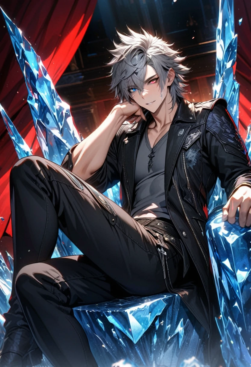 absurdres, highres, ultra detailed, HDR, masterpiece, extremely detailed face and eyes, extremely detailed features, Riku, gray spiky hair, heterochromia, left eye red, right eye blue, final fantasy xv, solo, sexy man, handsome, black jacket, gray shirt, window, sitting on a ice throne, red curtains, ice, body made of ice, hand resting on his cheek