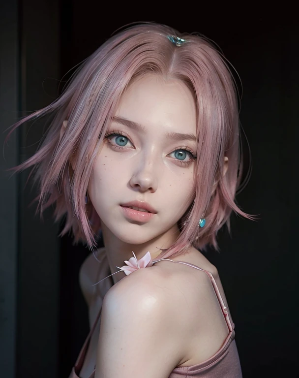 young woman, short shoulder-length pink hair, wide forehead, porcelain skin, pink eyebrows, big emerald green eyes, buttoned nose, full lips, heart-shaped face, slender body, small breasts, red tank top, Sakura Haruno , realistic, realism, details, 3d, well detailed