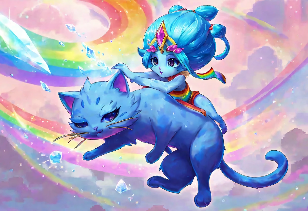 (2 subjects) (Subject 1: Cryptic girl in an action pose descending from the sky) and her companion (subject 2: a blue skinned water nymph, jewel adorned) have rescued a cute rainbow crystal kitty cat