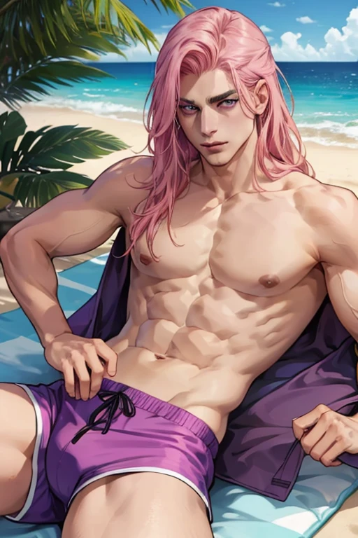 A handsome muscular pink haired man with violet eyes with long hair in swim trunks is lounging at the beach