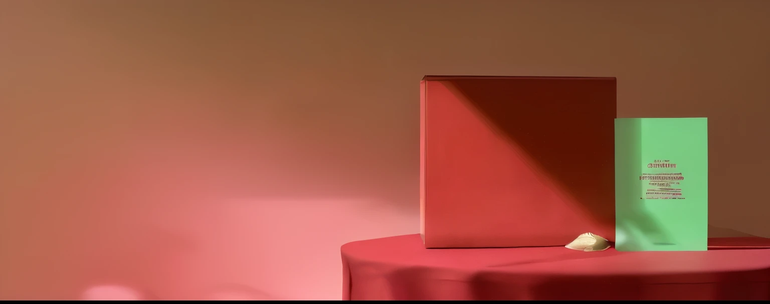 (highres:1.2),red background,red fabric table,cosmetics box on the table,light and shadow effects,lighting on the cosmetics