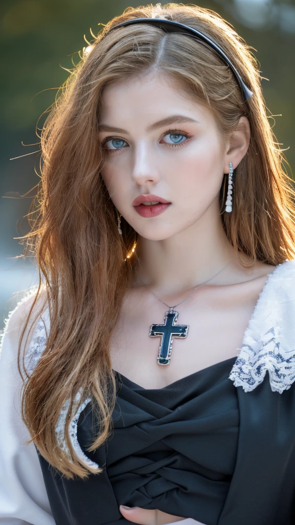 1 miniature Beautiful beautiful woman - Yuan Sayuki, ((top quality, 8K, Masterpiece:1.retty woman, 1 woman, huge breasts:1.3, a slim body:1.1, lush GINGER long hair with 2 buns, (shower, wet body, wet clothes:1.1), very detailed face, detailed lips, detailed eyes, double eyelids, Detailed blue eyes, чрезвычайно Detailed Outstanding Blue Eyes, long GINGER wet hair, GINGER wet hair, Detailed Outstanding Blue Eyes, innocent look at the viewer, very wet wavy white hair, Detailed Outstanding Blue Eyes, huge cross earrings, Outdoors, badges behind, gothic maid uniform, sexy maid dress, bare chest, huge chest tattoo, detailed huge catholic cross earrings, chest tattoo, Outside, wear a silver cross (Detailed cross shape), reality mode, wet breasts, black necklace, human crowd behind, black latex gloves, hair of white snowy colour, night time, red neon lights, demonic nun, nimbus (golden lighting ring above her head), angel, snowy weather, sexy pose, white lingerie, black maid dress, detailed flower wreath made of different colours, open chest (tattoo on her chest)