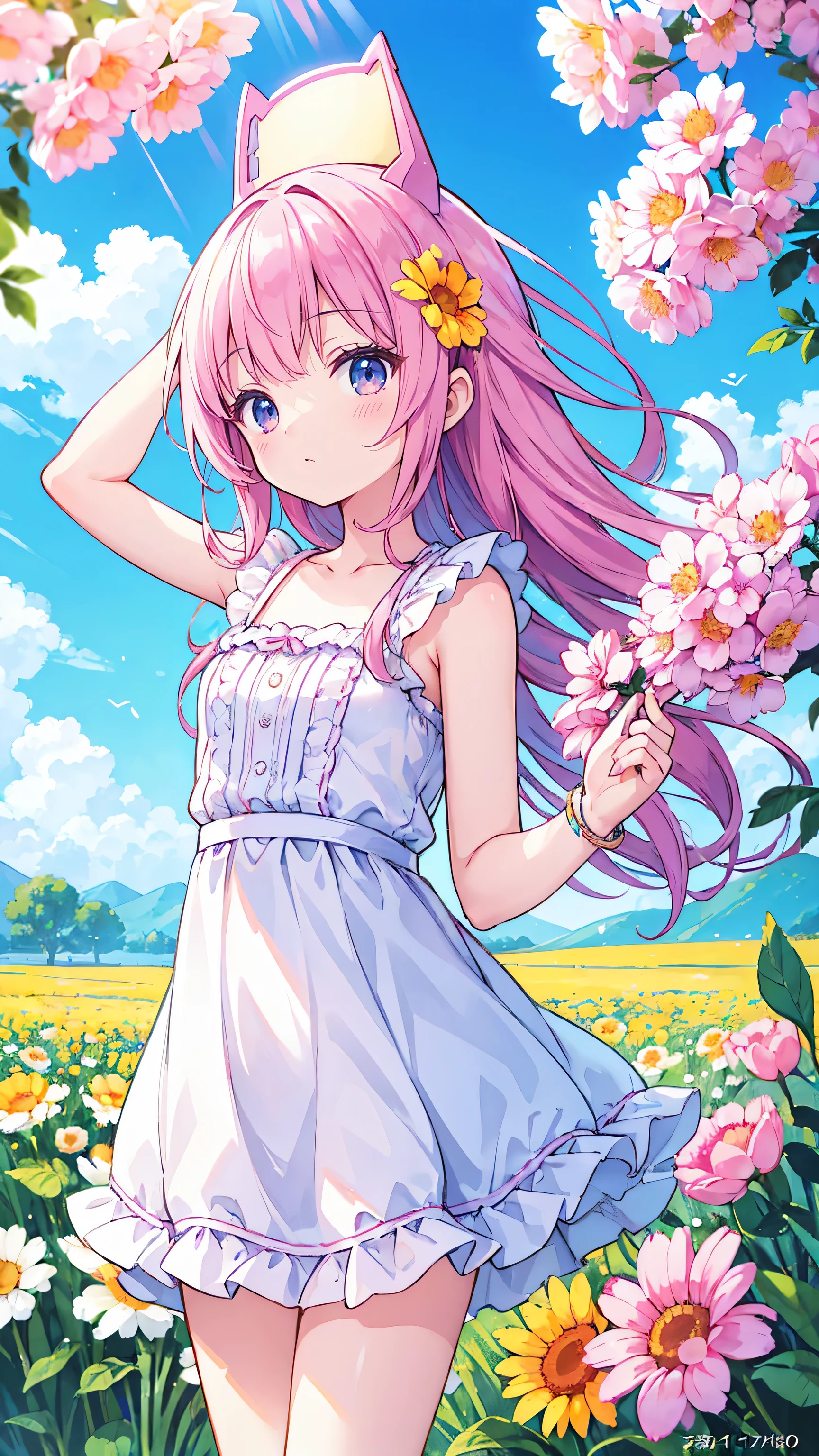 Sunny day landscape images, Only landscapes with flowers, Flower Field, unmanned, There are no animals, Lively and childlike, Art Style, comics, Artistic, Soft color palette, As if blown by the wind々Various kinds of flowers, Luminance, Magical Pictures, Soft lighting, Light background, Realistic photos, Very detailed, 4K, High resolution, Ultra-thin Sharp, high quality, Individuality, Beautiful colors, 3D Rendering,