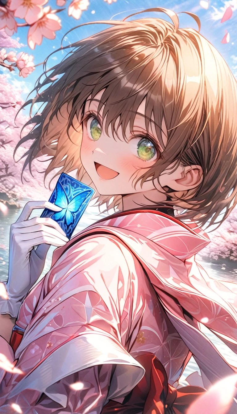 Ultra detailed, highres, absurdres, HDR, Kinomoto Sakura, brown short hair, expressive green eyes, pink dress with patterns, Sakura card captor, holding magical cards, cherry blossoms, blossoms, solo, extremely beautiful, extremely detailed face and eyes, white gloves, woman, water, happy, master piece, petals, butterflies