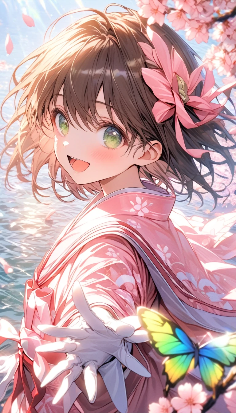 Ultra detailed, highres, absurdres, HDR, Kinomoto Sakura, brown short hair, expressive green eyes, pink dress with patterns, Sakura card captor, holding magical cards, cherry blossoms, blossoms, solo, extremely beautiful, extremely detailed face and eyes, white gloves, woman, water, happy, master piece, petals, butterflies
