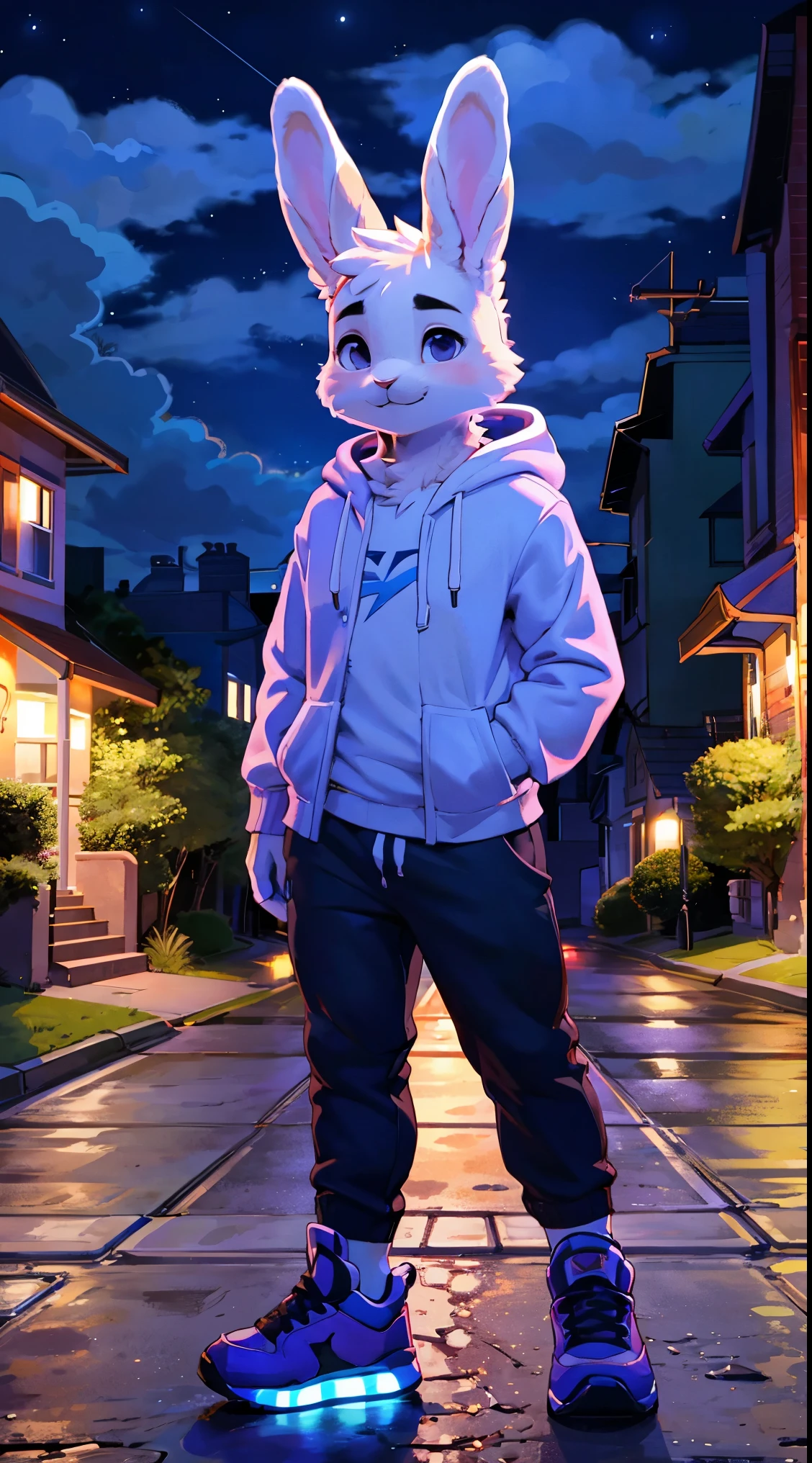 a full body, anthropomorphic white rabbit kid wearing a light purple hoodie, pants, sneakers, rabbit face, cute face, glossy fur, big fluffy neckfur, posing for a picture in a hill at night with a city in the distance