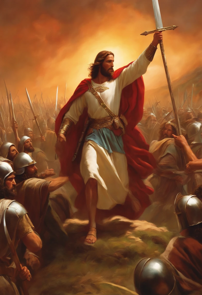 Jesus leading an army with sword and shield 