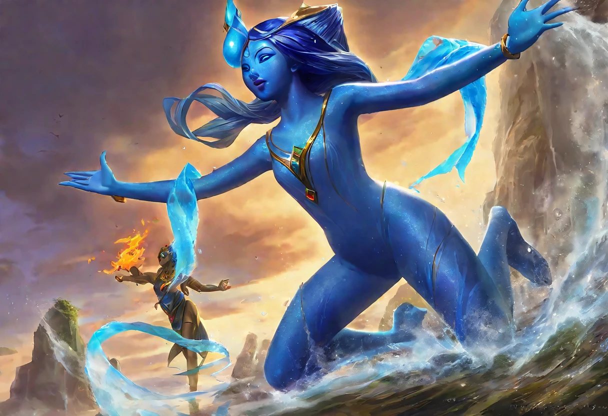 (2 subjects) (Subject 1: Cryptic girl in an action pose descending from the sky) and her companion (subject 2: a blue skinned water nymph, jewel adorned) combine their powers to fire an energy