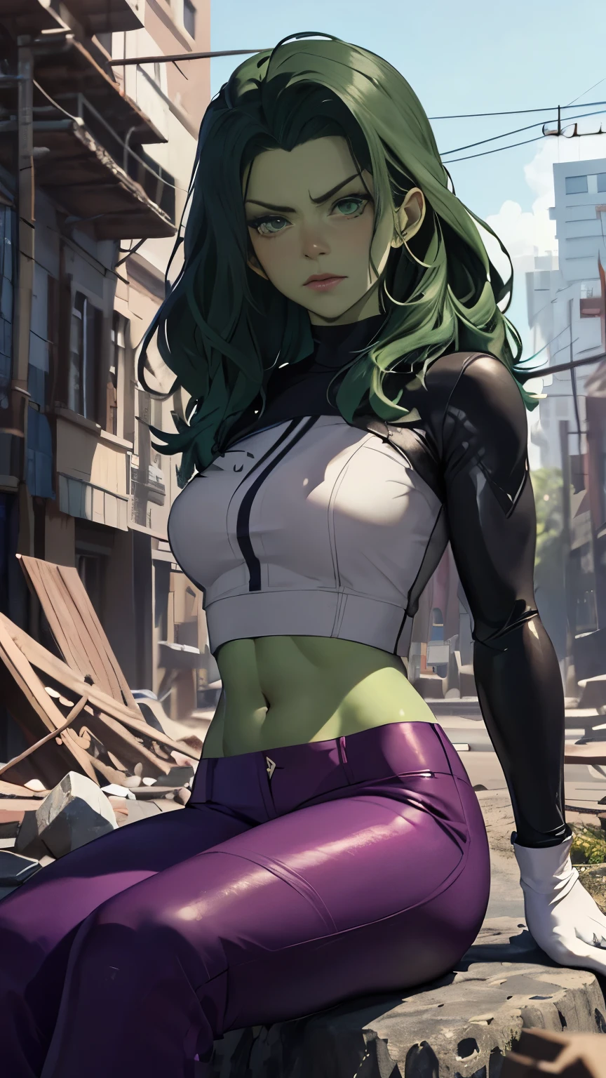 (Highly quality, masterpiece, detailed), Destroyed city detailed scenario, Destroyed detailed background, 20 years old girl, shehulk, solo, Green skin, Dark Green hair, Colored Skin, Purple/White top, Leather top, Purple/White pants, Multicolored Pants, Leather Pants, Crop top, Purple/White Sleeves, Long Sleeves, Purple/White Gloves, Navel, Angry, sitting on a rock, beautiful eyes, perfect eyes, looking at the viewer, Sexy pose