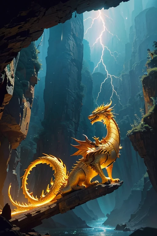 So sublime and divine々A golden dragon floats in the center of the screen, glaring at the camera.。The surrounding area is a canyon where no one can get close, and lightning is flashing in the background.、The sun is shining brightly