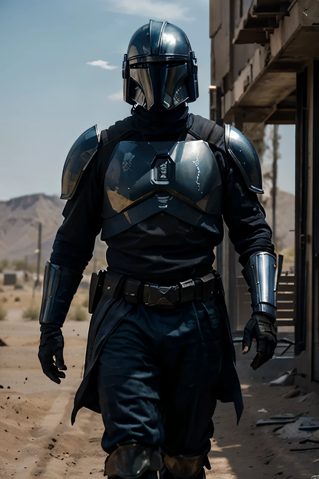 "A strong and skilled Mandalorian warrior named Oter Worn dons a blue metallic armor with silver details made of Beskar, the legendary Mandalorian steel. His armor is adorned with intricate engravings that highlight the Mandalorian culture and heritage. Oter Worn carries a customized rifle with a matte black finish and a built-in targeting system. His helmet features a T-shaped visor with a blue-tinted lens, exuding an intimidating presence. Standing confidently in a desolate desert, Oter Worn showcases his strength and determination. The artwork should have a (best quality, ultra-detailed), (realistic:1.37) portrayal of the character and a mix of futuristic and rugged aesthetics, resembling a concept art piece. The color palette should primarily consist of cool tones of blue and silver, with accents of warm colors like orange and red to create contrast. The scene should be illuminated by the warm glow of a setting sun, casting long shadows and creating a dramatic atmosphere."