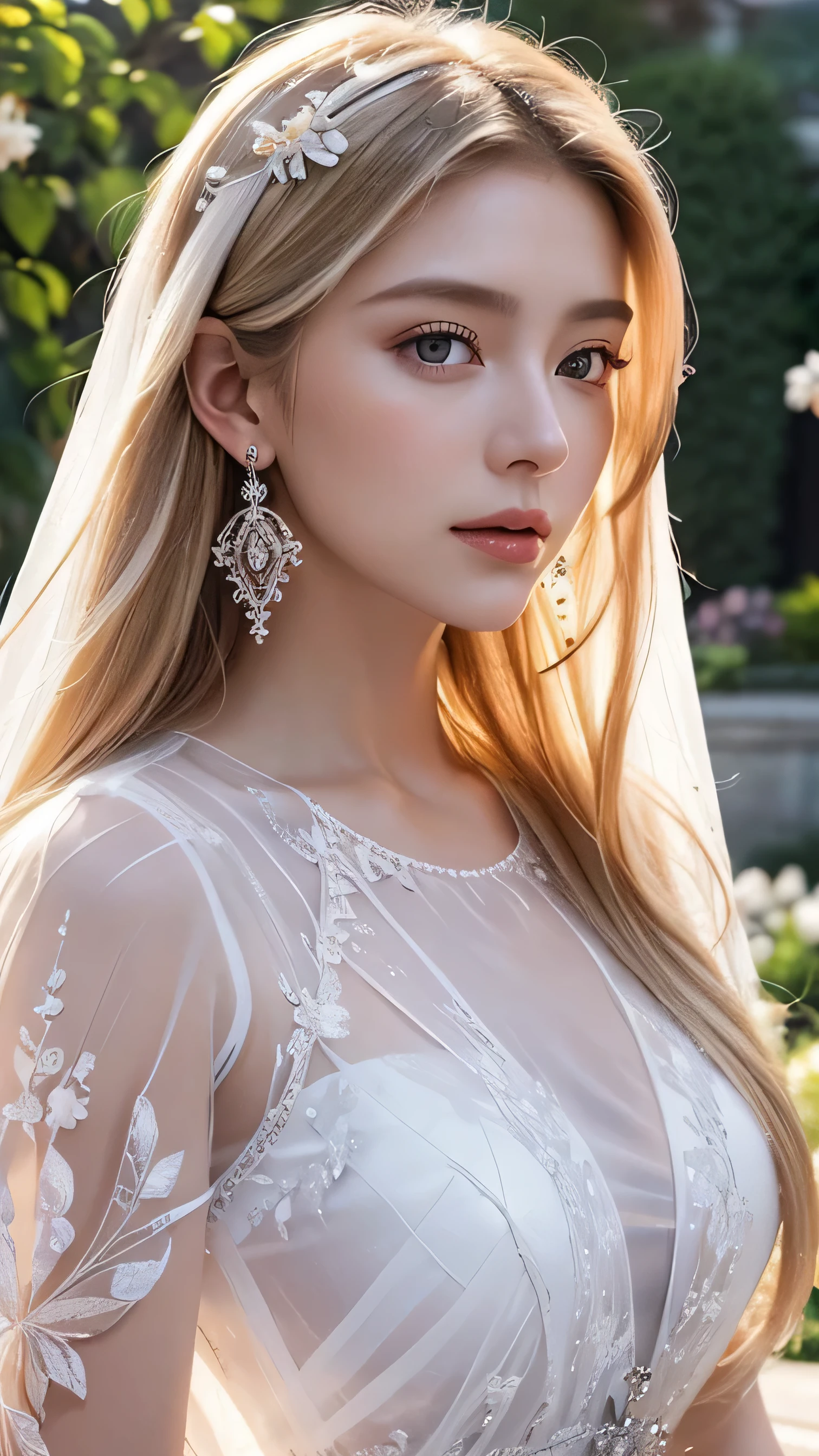 Blonde long-haired woman, Iris, Royalty, White see-through dress, Red Jewelry, Red earrings, moon, Noble, Lady, high quality, Very detailed, Detailed face, masterpiece, city, garden, Flowers, Light,(((White see-through dress)))、(((Upper body portrait)))