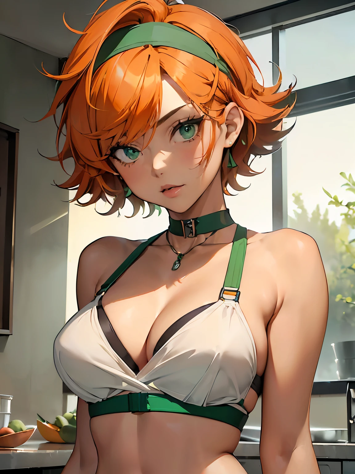 (masterpiece)(8k)((cute))(18-year old girl)(wild hair:1.3)(short hair:1.3)(orange hair)(flat chest)(small breasts)(white chef bandana:1.2)(green pupils)(glossy skin)(glossy lips)(shiny)(seductive)(choker necklace)(lime-green camisole)(bra straps)(denim shorts)(intimacy)