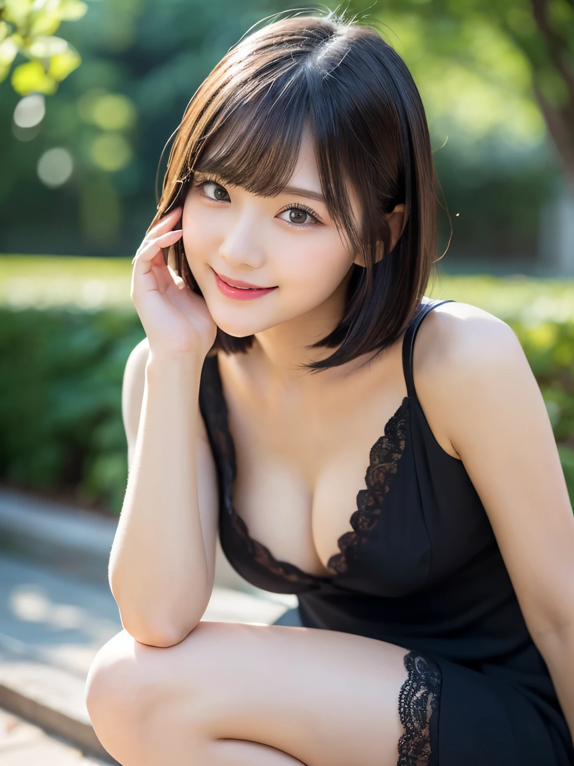 (squat)、(highest quality:1.5)、(Realistic:1.5)、(1 person:1.5)、(Very detailed)、(High resolution)、8k、(Wear a dark dress with lace)、(Small breasts)、Natural color lips、Cute Smile、20-year-old girl、(Beautiful and elaborate face)、(Perfect and beautiful face)、(Big eyes)、(Beautiful and elaborate face)、(Beautiful, balanced eyes)、Perfect and beautiful double eyelids、Perfect and beautiful face、Arched eyebrows、 Thin eyebrows、Feminine poses、Slim face、(Slim figure)、Beautiful and thin nose、 Beautiful Skin、(ミディアムBob Hair)、Bob Hair、Natural Bangs、Fair skin、Front lighting、(Lighting the face)、(Beautiful cleavage)、Deep blue eyes、Slim waistline、(Red Roseが沢山咲いた庭園)、(Red Rose)、Rose flower、(lim and beautiful legs、