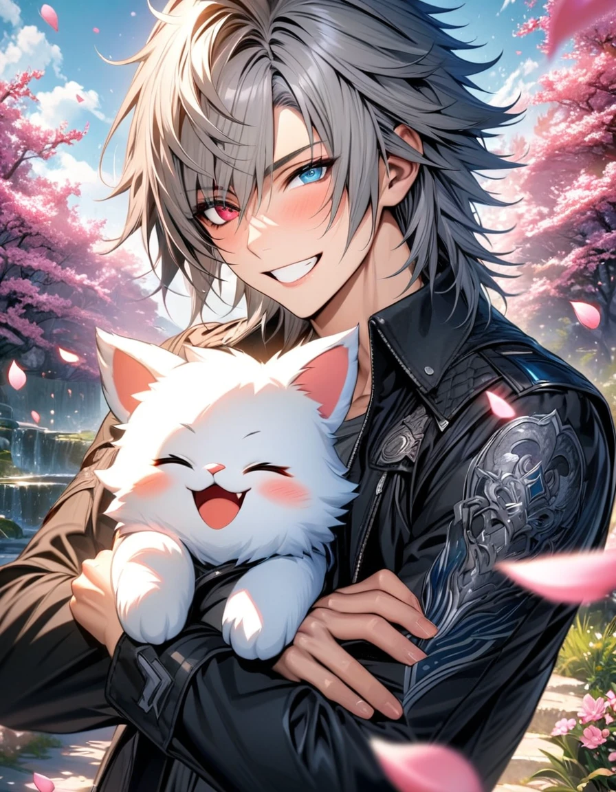 absurdres, highres, ultra detailed, HDR, masterpiece, extremely detailed face and eyes, extremely detailed features, Riku, gray spiky hair, heterochromia, left eye red, right eye blue, final fantasy xv, solo, sexy man, handsome, black jacket, gray shirt, blossoms, pink petals, pink flower, happy, holding a cute white fluffy moogle