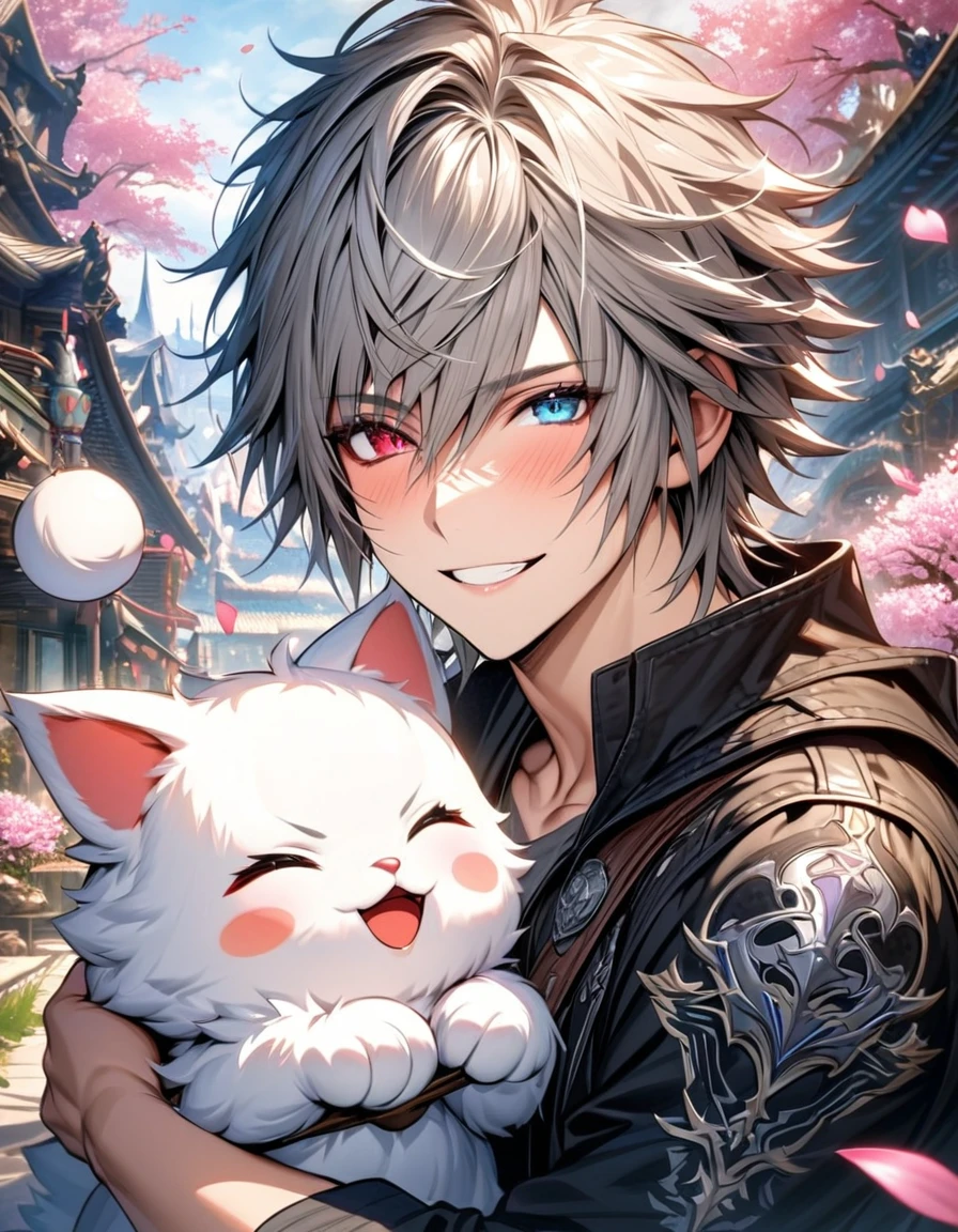 absurdres, highres, ultra detailed, HDR, masterpiece, extremely detailed face and eyes, extremely detailed features, Riku, gray spiky hair, heterochromia, left eye red, right eye blue, final fantasy xv, solo, sexy man, handsome, black jacket, gray shirt, blossoms, pink petals, pink flower, happy, holding a cute white fluffy moogle