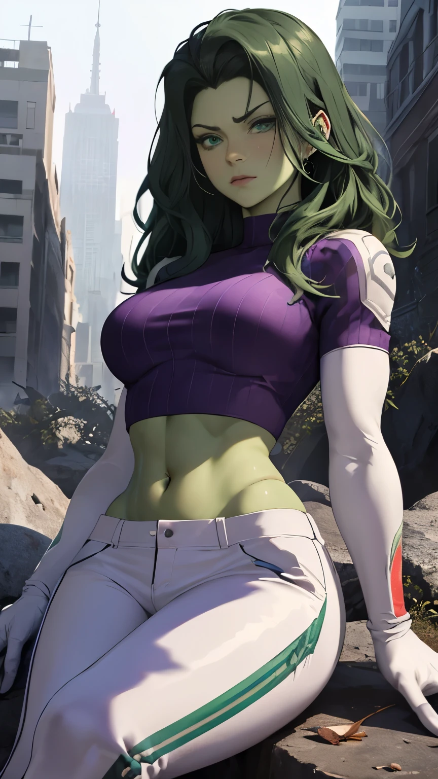 (Highly quality, masterpiece, detailed), Destroyed city detailed scenario, Destroyed detailed background, 20 years old girl, shehulk, solo, Green skin, Dark Green hair, Colored Skin, Purple/White top, Leather top, Purple/White pants, Multicolored Pants, Leather Pants, Crop top, Purple/White Sleeves, Long Sleeves, Purple/White Gloves, Navel, Angry, sitting on a rock, beautiful eyes, perfect eyes, looking at the viewer, Sexy pose