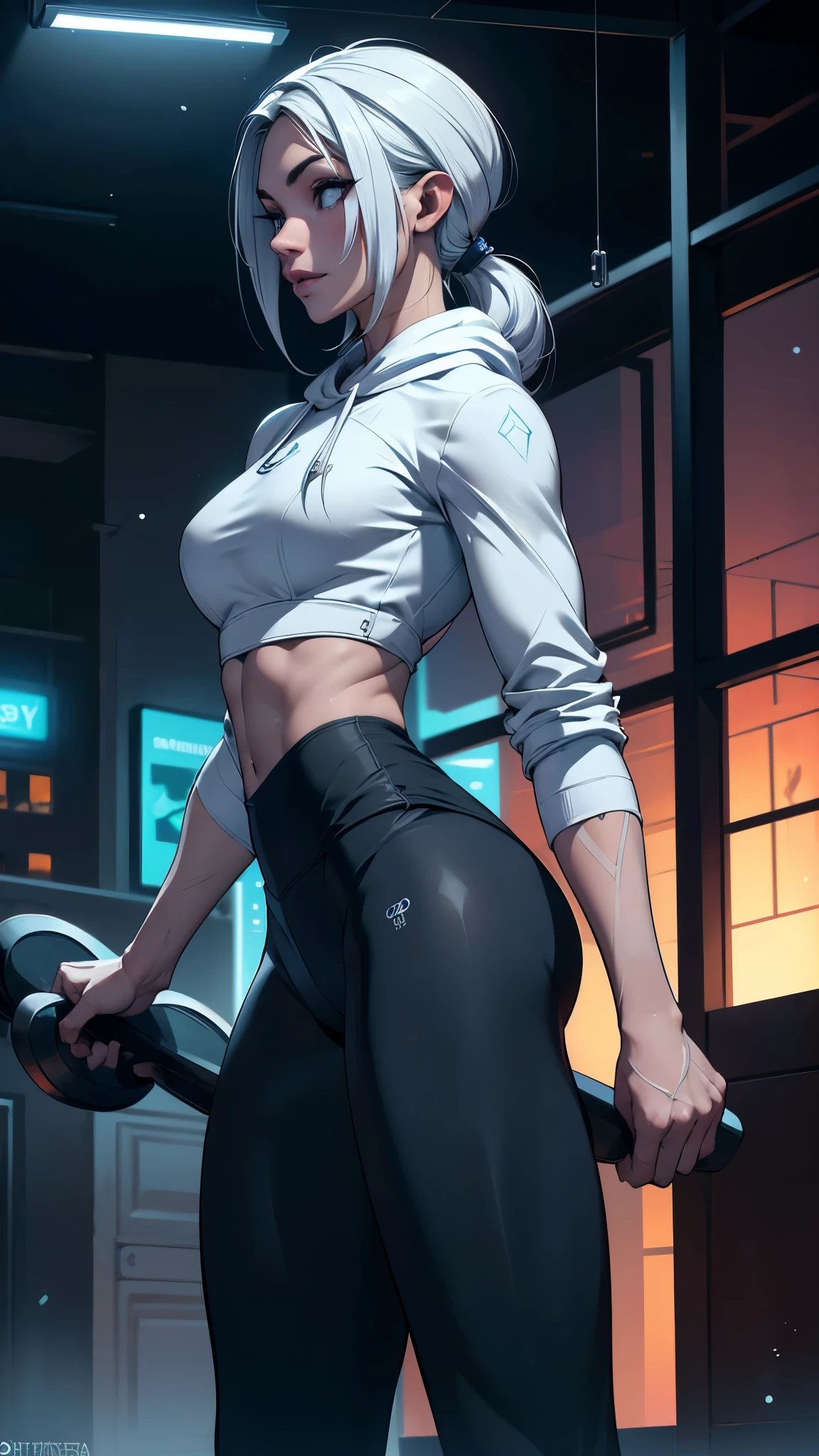 (1 mujer), (solo), maduro, pelo negro profundo, cabello ondulado, pelo corto, pale skin, camisa corta negra,(sudadera deportiva white :1.4) , cuerpo musculoso, promedio , tatuajes, (leggings white  intenso :1.4) ,(cabello white canoso :1.4), sonrisa arrogante, cicatrices en la cara, More detailed 8K.motor irreal:1.4,HD,La mejor calidad:1.4, fotorrealista:1.4, textura de la piel:1.4, obra maestra:1.8,obra maestra, mejor calidad,objeto Objeto], (rasgos faciales detallados:1.3),(Las proporciones correctas),(Ojos hermosos azules:1.4 ),  (pose vaquero), ,(Fondo gimnasia GYM aparatos deportivos :1.4 ), (medias blancas brillantes/grilletes:1.4),(perfect anatomy :1.4), (rear view, backside view),, (mostrando culo hermoso),( Only), (gym:1.4), (Cinematic V2.1), cinematic lighting,( OUTFITS DEPORTIVOS :1.4), (OUTFITS DEPORTIVOS V2.1), (moda deportiva 2024) 