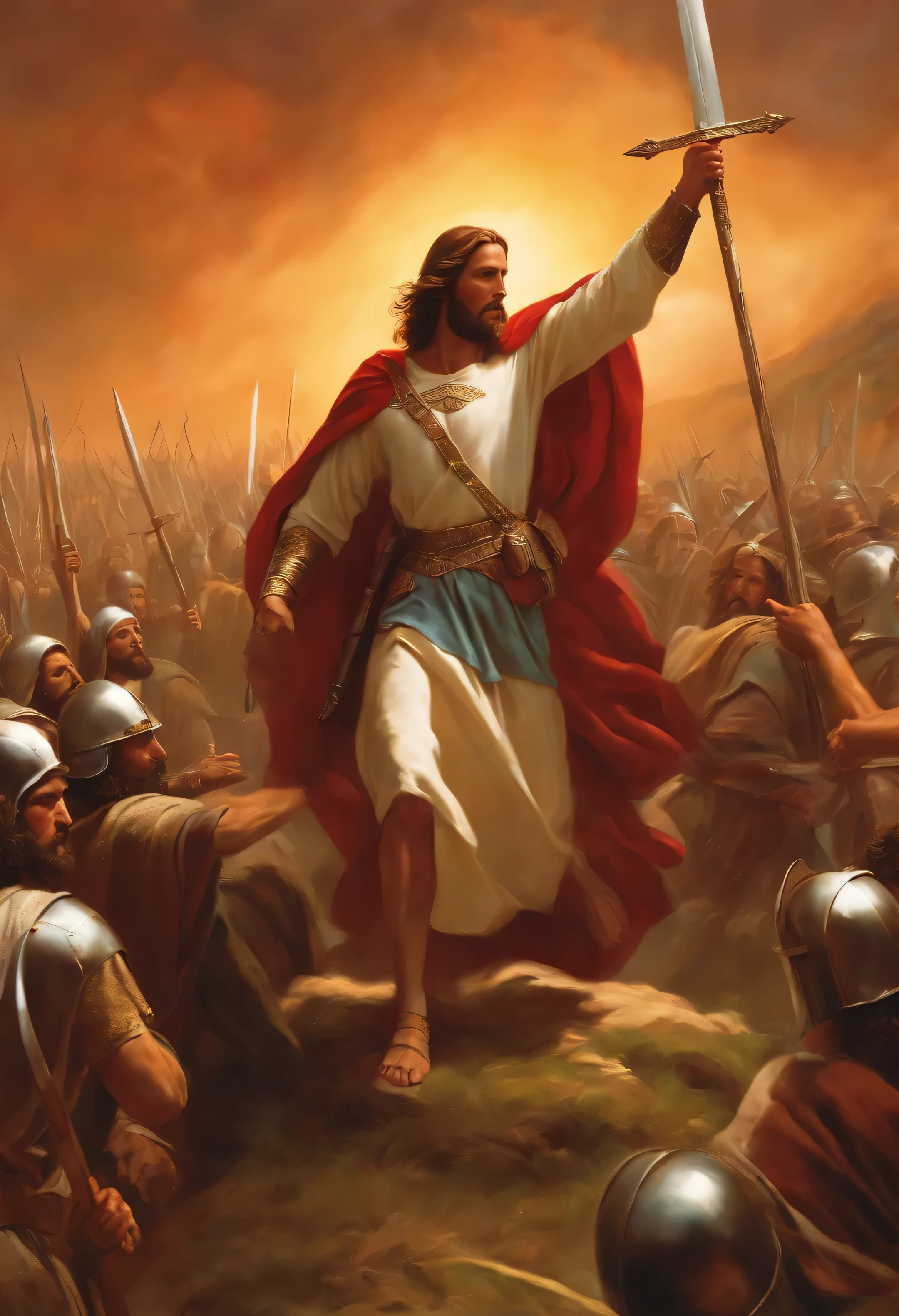 Jesus leading an army with sword and shield 