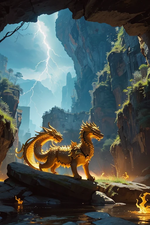 So sublime and divine々A beautiful golden dragon floats in the center of the screen, glaring at the camera.。The surrounding area is a canyon where no one can get close, and lightning is flashing in the background.、The sun is shining brightly
