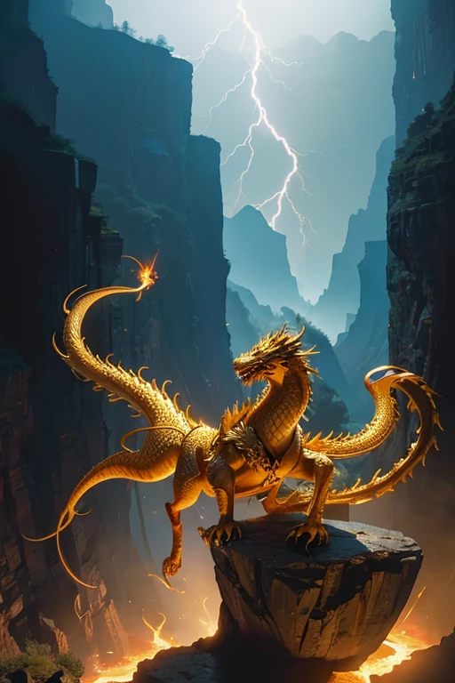 So sublime and divine々A beautiful golden dragon floats in the center of the screen, glaring at the camera.。The surrounding area is a canyon where no one can get close, and lightning is flashing in the background.、The sun is shining brightly
