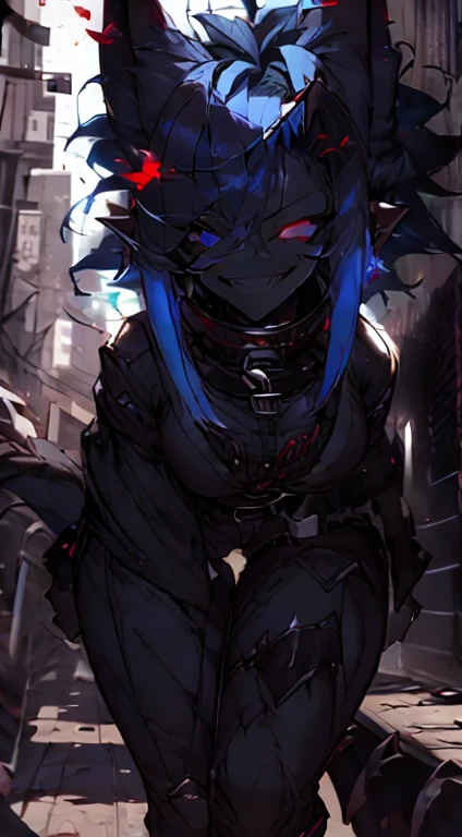 1girl, short_rebellious_hairblue_hair, hair tips to the side, blue_eyes, scary_eyes, short_hair, hair just blue,Big_smile , Evil smile_sharp_wild teeth, skin black as darkness, Glowing eyes, looking_at_vi ewer, holding, shirt, pant, animal_ears, blue_ ears, wolf_woman, blue_tail, body_perfect, Milf_body, female_body_muscular sexy, scar_on_thighs, scar_on_the abdomen,vampire slayer_outfit