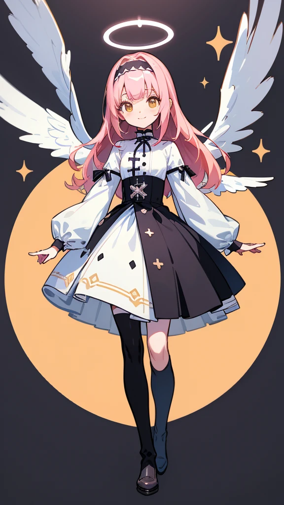 (masterpiece、highest quality、Highest quality、Super detailed description、Bust Top:1.2)、Fisheye Lens、Anime Style、Super Flat Style、Ultra Dynamic Lighting、Depth of subject、Blur、pale、Model standing pose、Maria's smile、Cross your legs and reach for the sky、Girl 1、waist-length pink hair、Sharply trimmed bangs、Yellow Eyes、BREAK A simple headband with a white base and black edges、BREAK Black and white long fit&Flared Dress、Black striped tights and long boots、ripple、Angel Halo、Disorganized、(Closed:1.3)