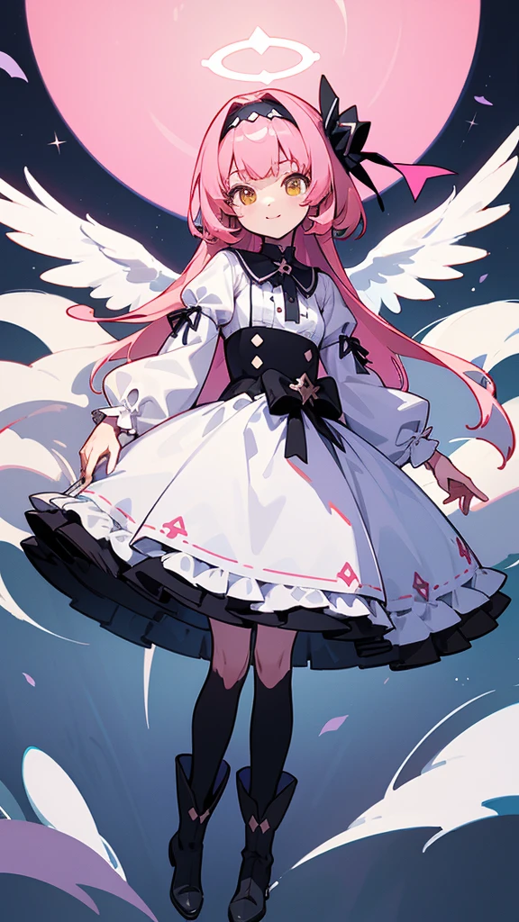 (masterpiece、highest quality、Highest quality、Super detailed description、Bust Top:1.2)、Fisheye Lens、Anime Style、Super Flat Style、Ultra Dynamic Lighting、Depth of subject、Blur、pale、Model standing pose、Maria's smile、Cross your legs and reach for the sky、Girl 1、waist-length pink hair、Sharply trimmed bangs、Yellow Eyes、BREAK A simple headband with a white base and black edges、BREAK Black and white long fit&Flared Dress、Black striped tights and long boots、ripple、Angel Halo、Disorganized、(Closed:1.3)