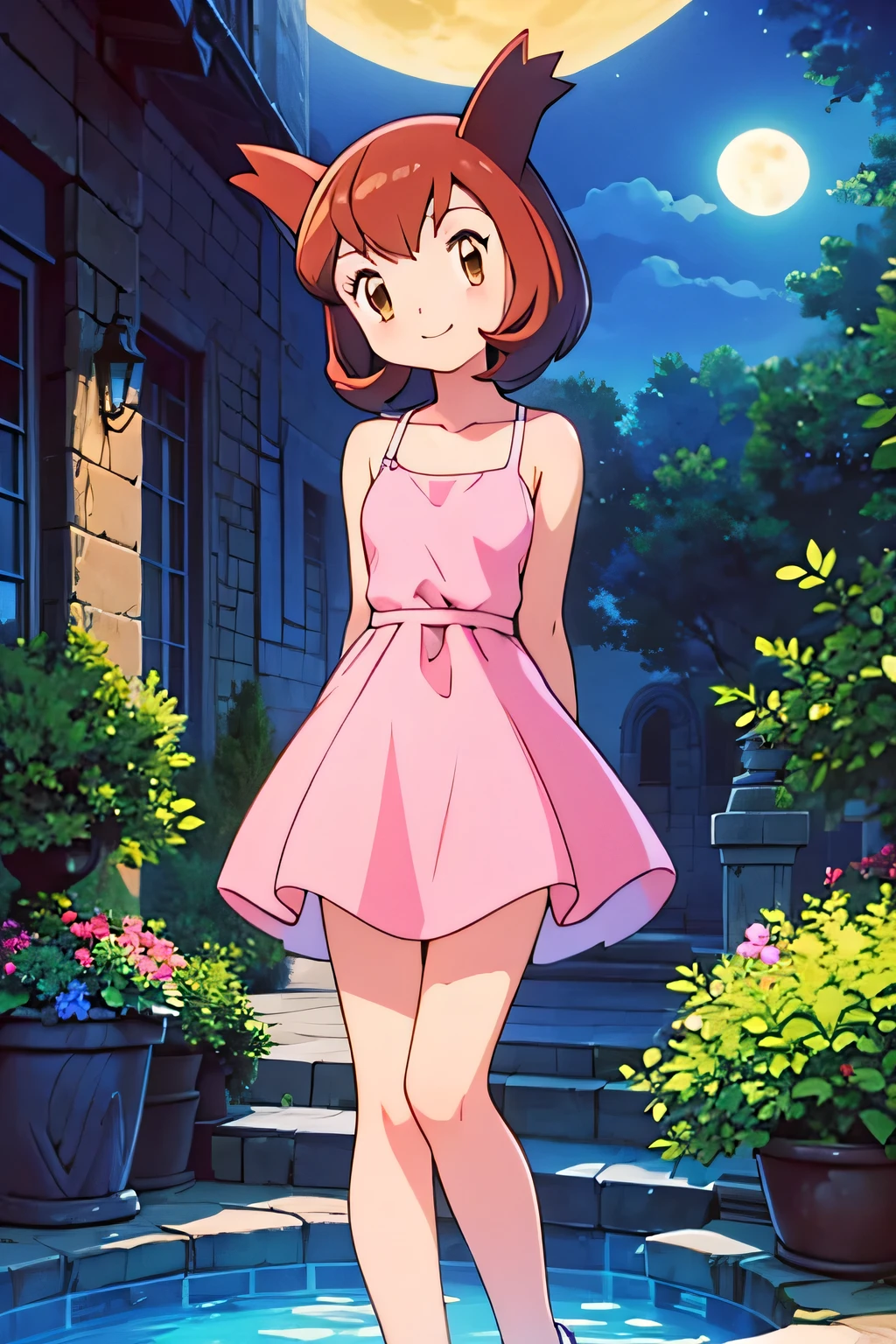 masterpiece, best quality, ultra-detailed, illustration, beautiful detailed eyes, very detailed illustration, cinematic lighting, 1 girl, solo, Pokemon Heroes (Bianca), Brown Hair, brown eyes, 1 girl, solo, sleeveless, collarbone, Pink Camisole dress, pink dress, intricate details, sharp focus, high resolution, the background of beautiful garden  on a beautiful night, full moon, outside, smile, standing near a large water pool, arms behind back, anime style, ultra-detailed, hdr, far at the bottom, in the center, Close up