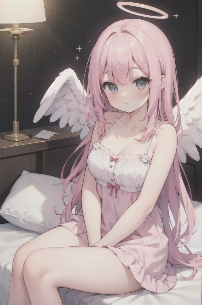 ((masterpiece, best quality)), a girl with pink hair and angel wings sitting on a bed with a star above her head and a halo above her head